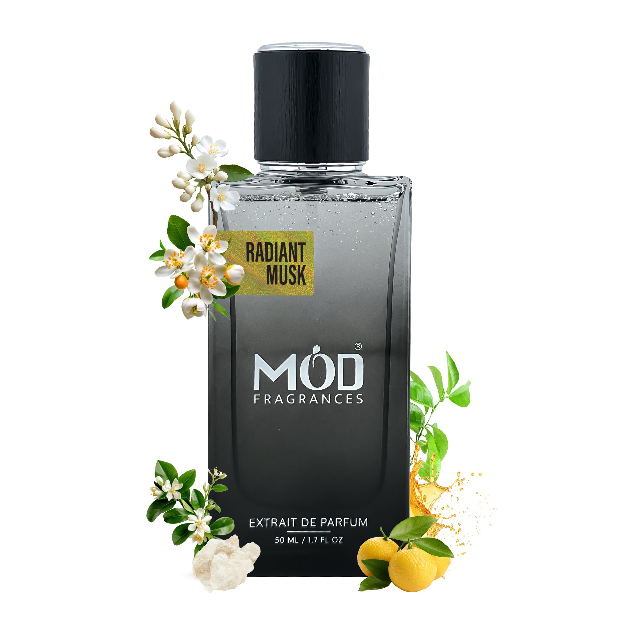 LV Sung Song Dupe Perfume bottle labeled 'Radiant Musk' by MOD Fragrances with floral and lemon decorations on a white background.