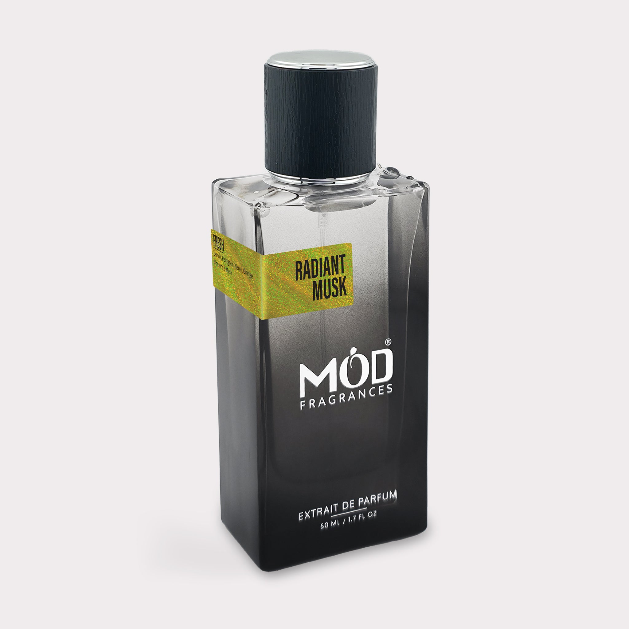 Perfume bottle labeled 'Radiant Musk' by 'MOD Fragrances' on a light gray background