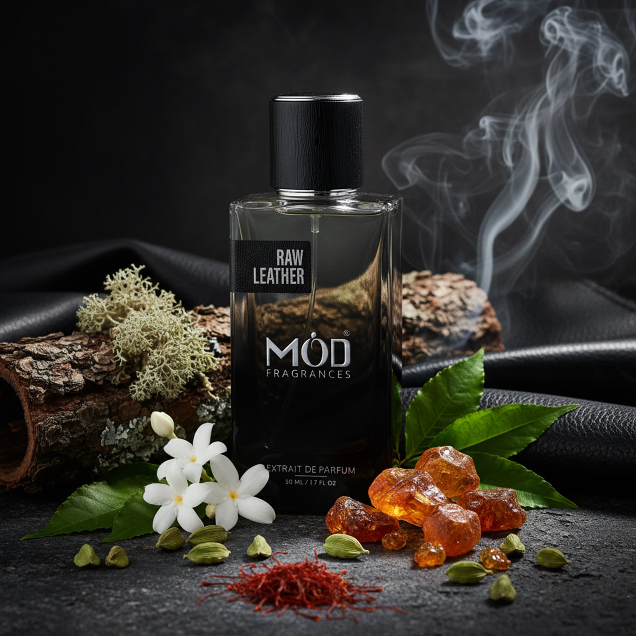 Möd Fragrances Raw Leather perfume bottle with smoking candle and natural elements on a dark background