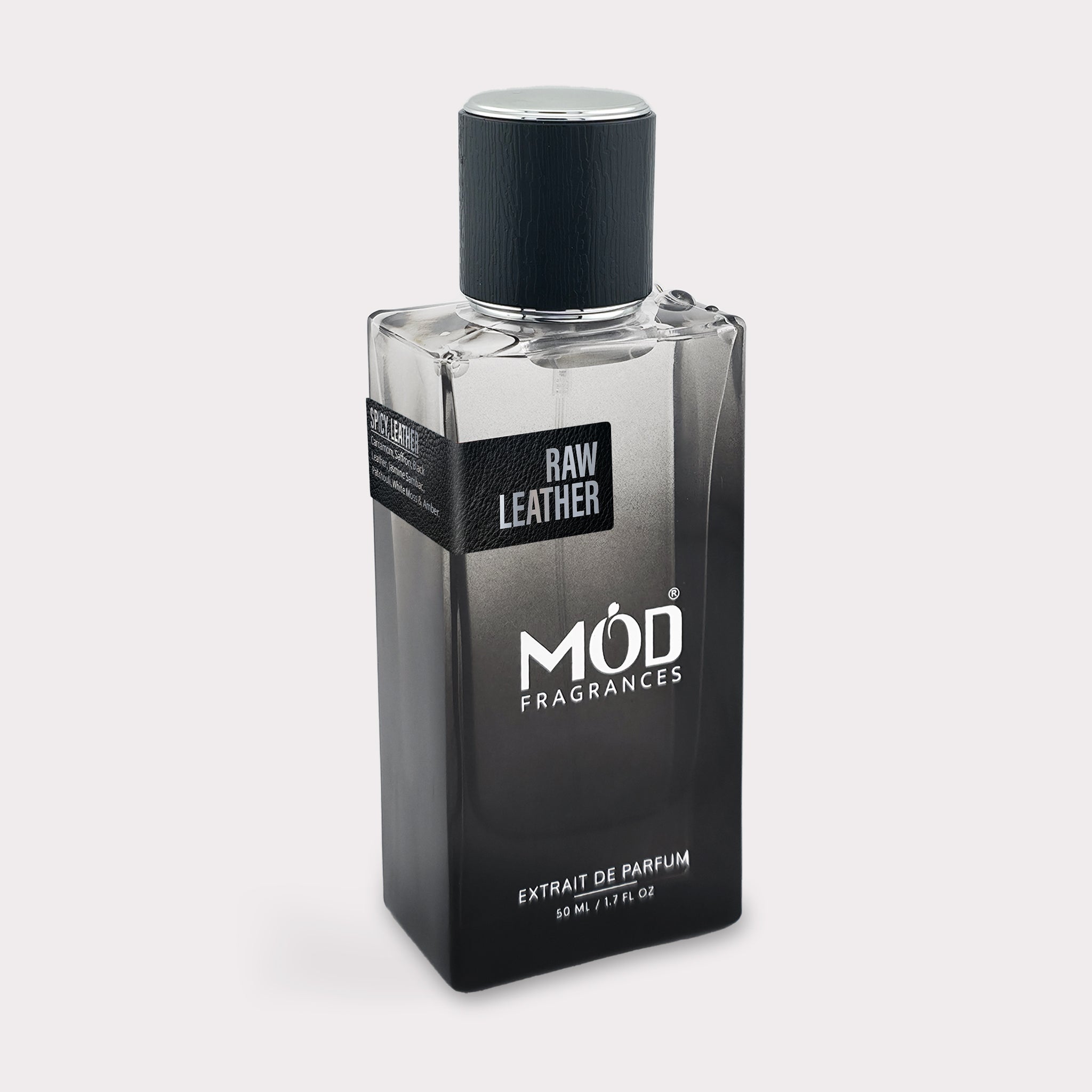 Perfume bottle labeled 'MOD Fragrances' with 'Raw Leather' description on a light gray background