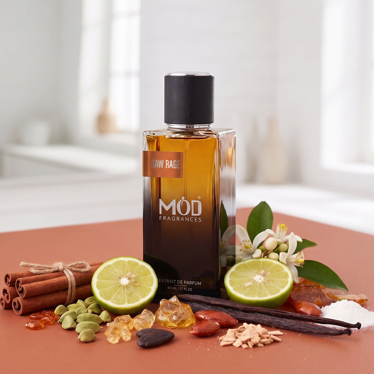A rectangular glass perfume bottle by MOD Fragrances, labeled "Raw Rage” is standing upright on orange color premium table top, surrounded by its ingredients like Cinnamon, Cardamom, Orange Blossom and Bergamot and its juice splash,	Bourbon Vanilla and elemi,	Vanilla, Musk, Praline, Guaiac Wood, Ambroxan, Tonka and Candied Almond. Background is clean modern living room. light is clean and daylight, highlighting bottle and its ingredients.