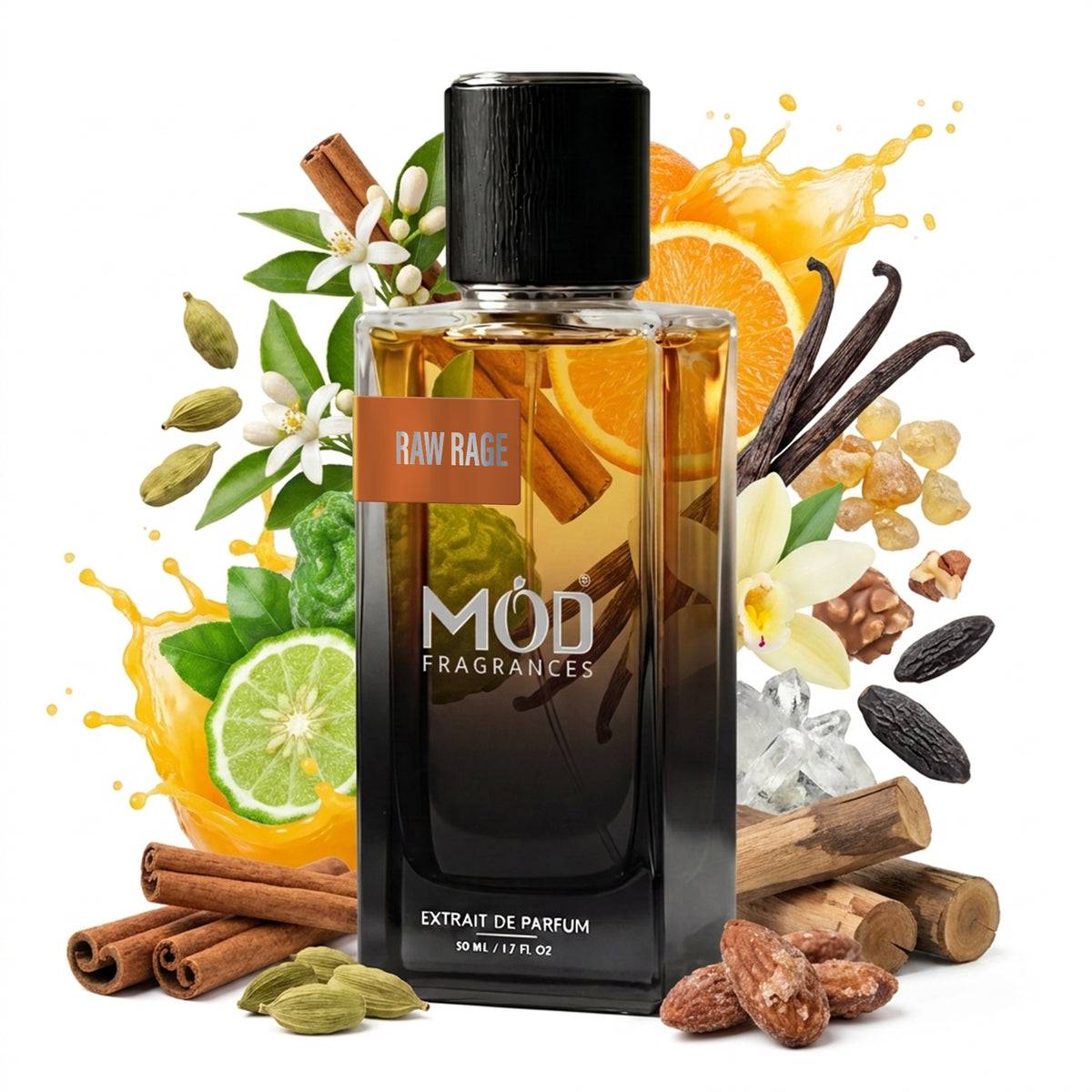 A glass perfume bottle by MOD Fragrances, labeled “Raw Rage” is surrounded by a vibrant artistic arrangement of its fragrance ingredients, Cinnamon, Cardamom, Orange Blossom and Bergamot and its juice splash,	Bourbon Vanilla and elemi,	Vanilla, Musk, Praline, Guaiac Wood, Ambroxan, Tonka and Candied Almond, against a white background.