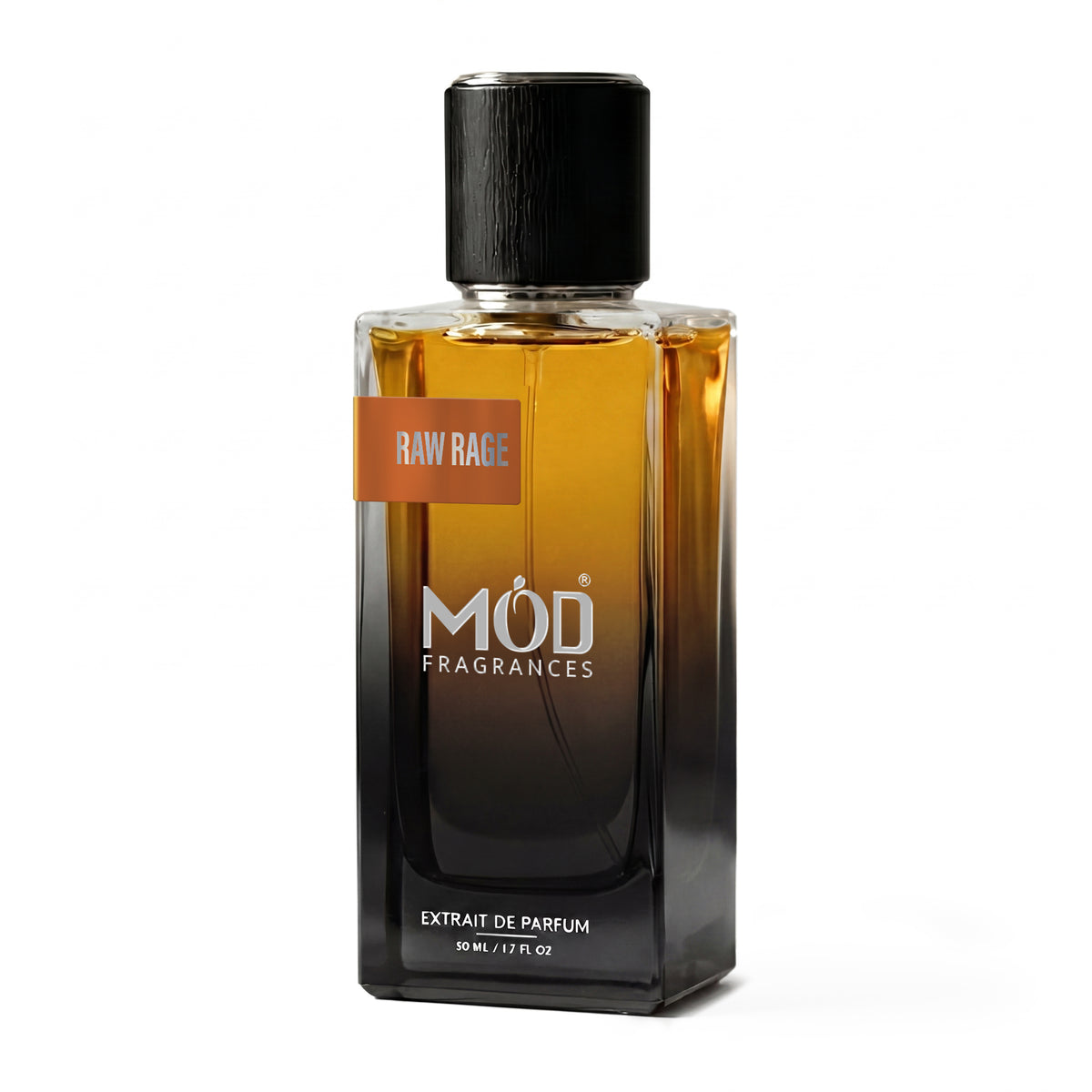A rectangular glass perfume bottle by MOD Fragrances, labeled “Raw Rage” stands centered against a plain white background, featuring a black cap and a gradient black-to-clear glass finish.