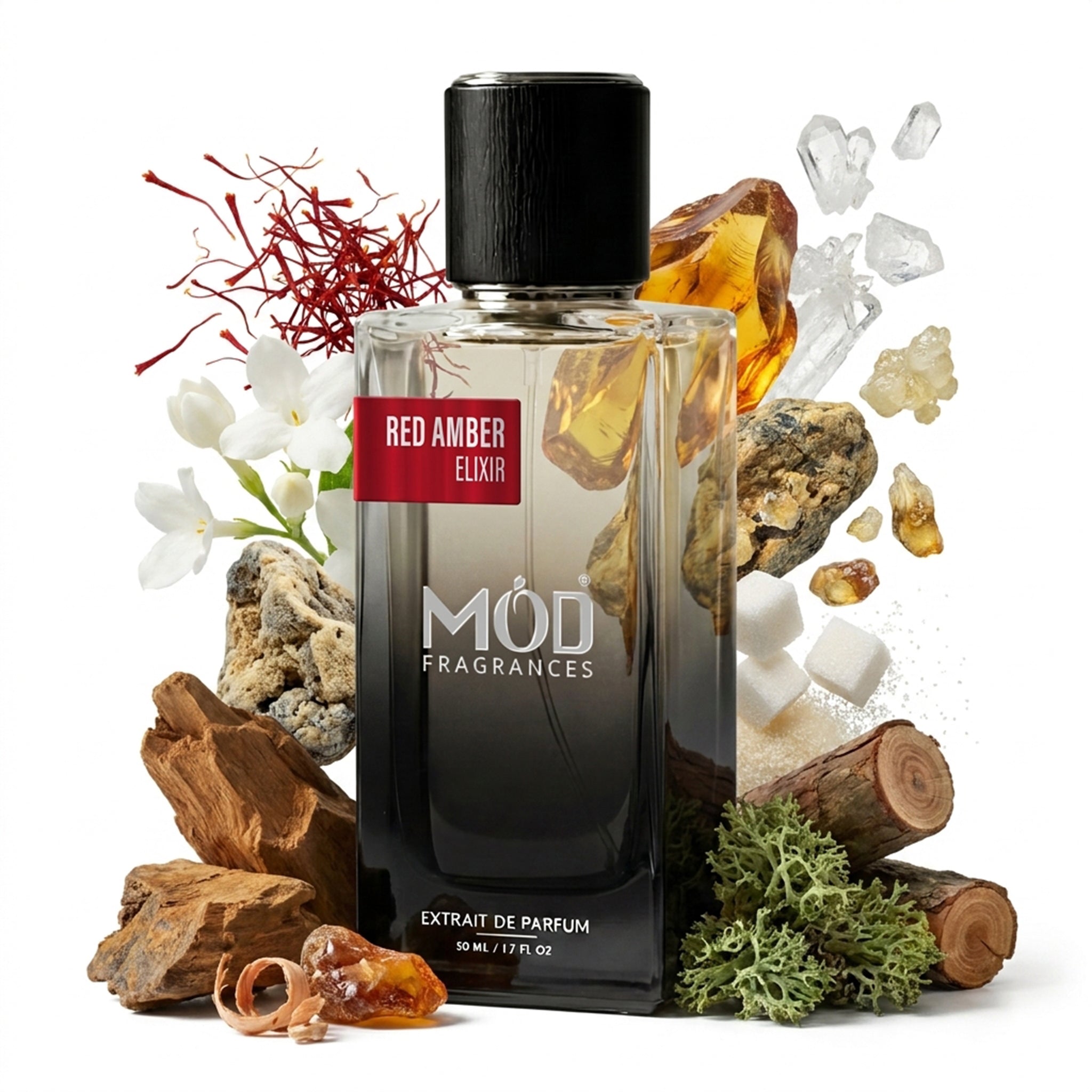 A glass perfume bottle by MOD Fragrances, labeled "Red Amber Elixir" is surrounded by a vibrant artistic arrangement of its fragrance ingredients, including Saffron and Jasmine, Amberwood, Ambergris and Hedione, Fir Resin, Cedar, Sugar, Ambroxan and Oakmoss. against a white background.