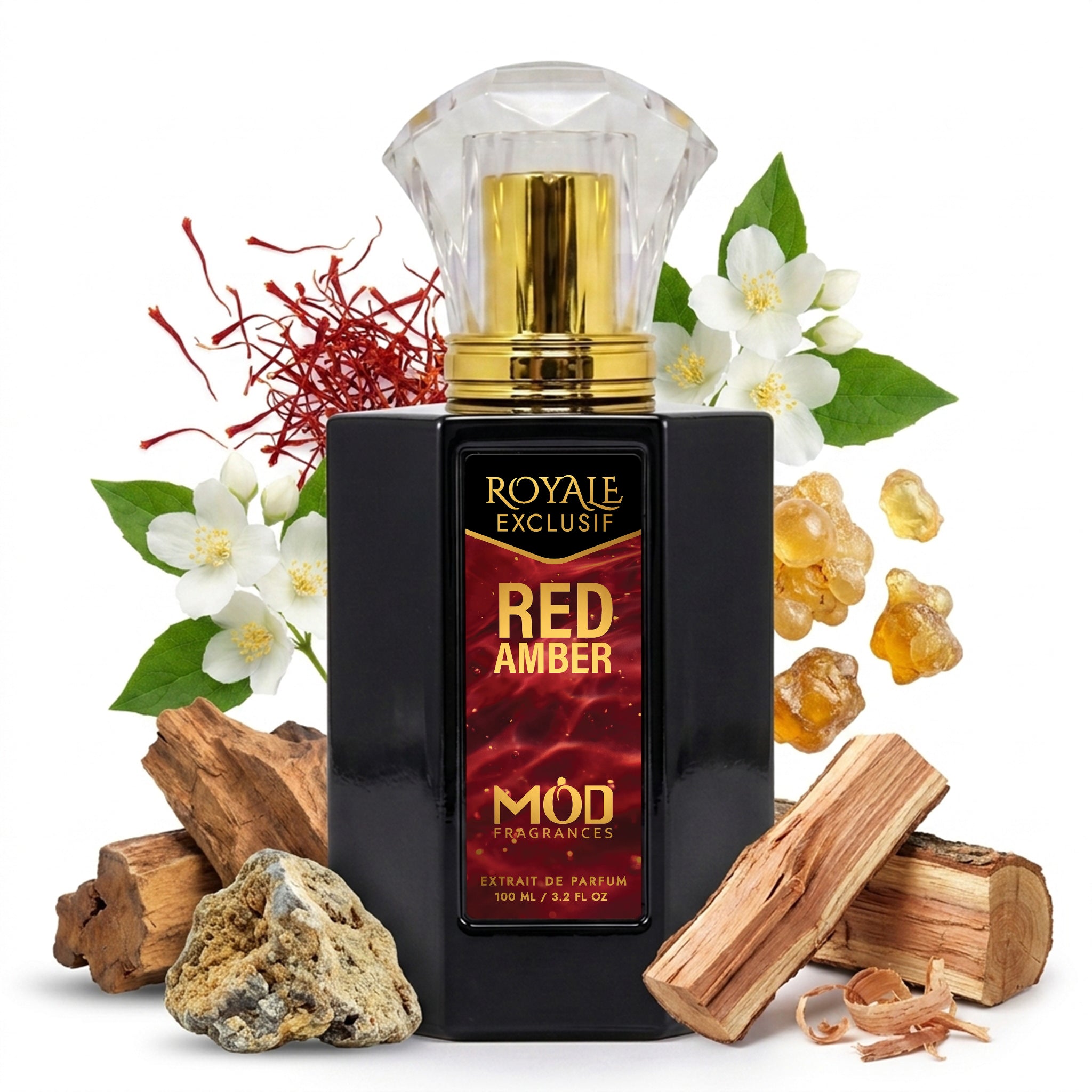 Royale Exclusif Red Amber by MOD fragrance, 100ml luxury black bottle with splashing ingredients like saffron, jasmine, guaiac wood, ambergris, benzoin, sandalwood and amber on white background