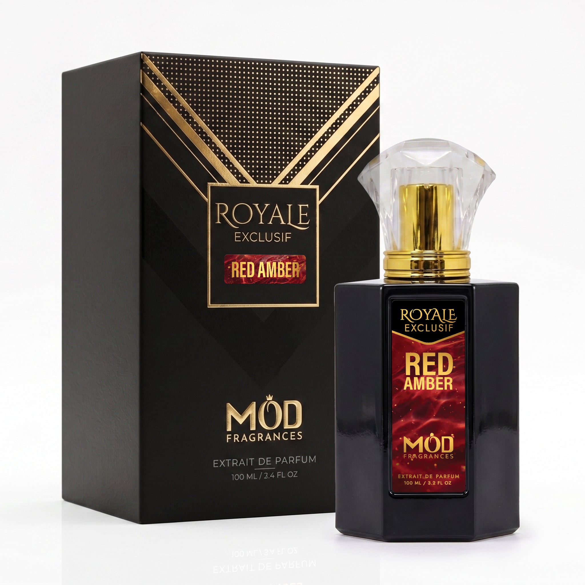 Royale Exclusif Red Amber by MOD fragrance, 100ml luxury black box on white background