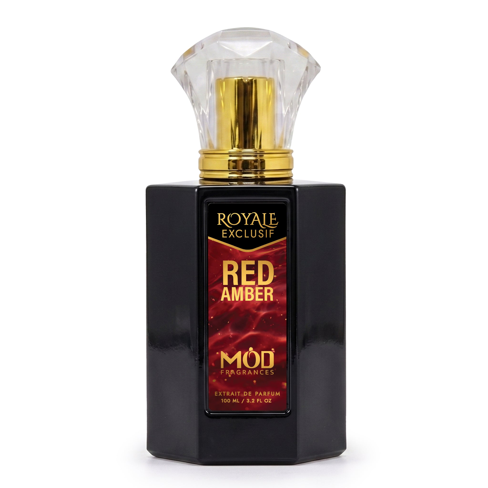 Royale Exclusif Red Amber by MOD fragrance, 100ml luxury black bottle on white background