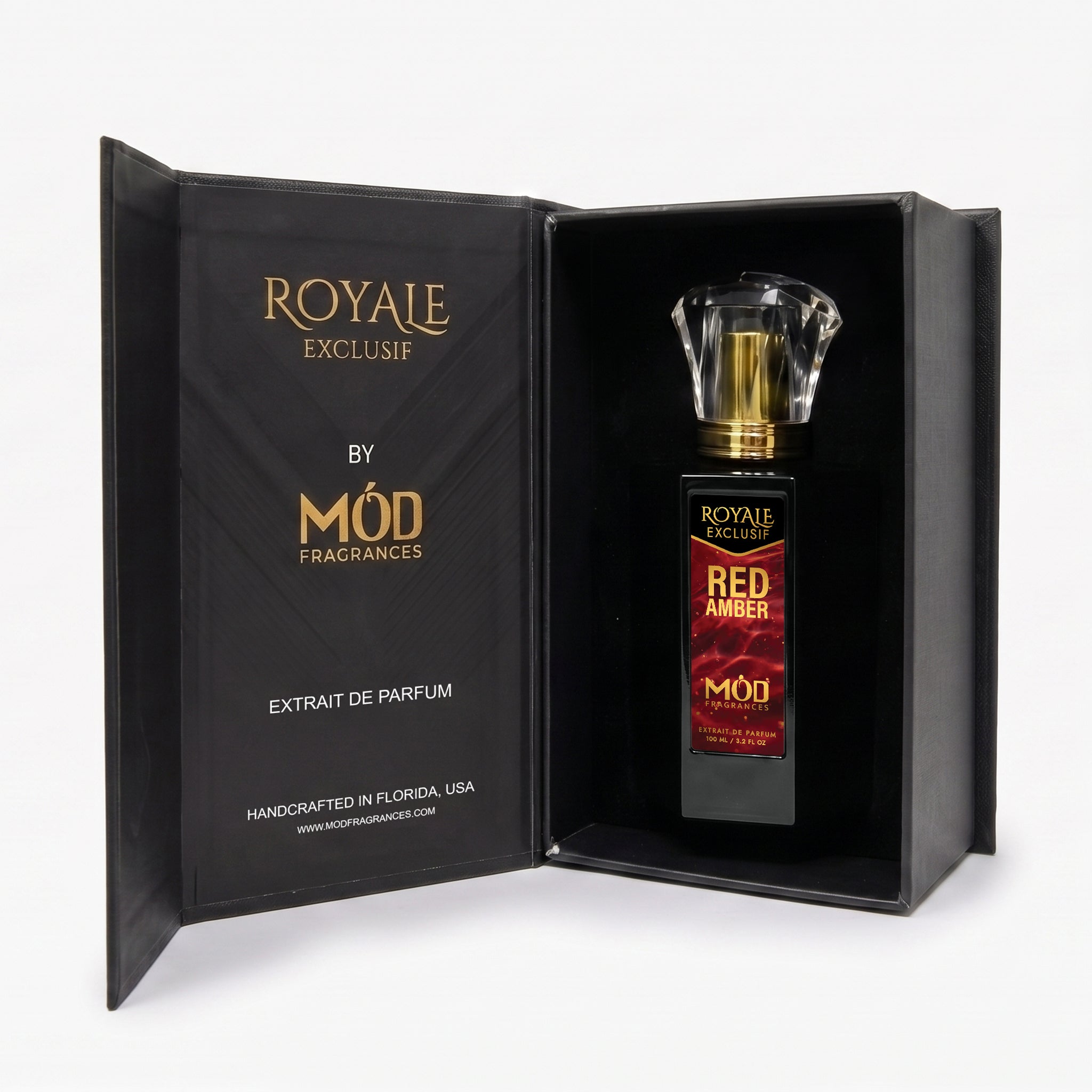 Royale Exclusif Red Amber by MOD fragrance, 100ml luxury black box and bottle on white background
