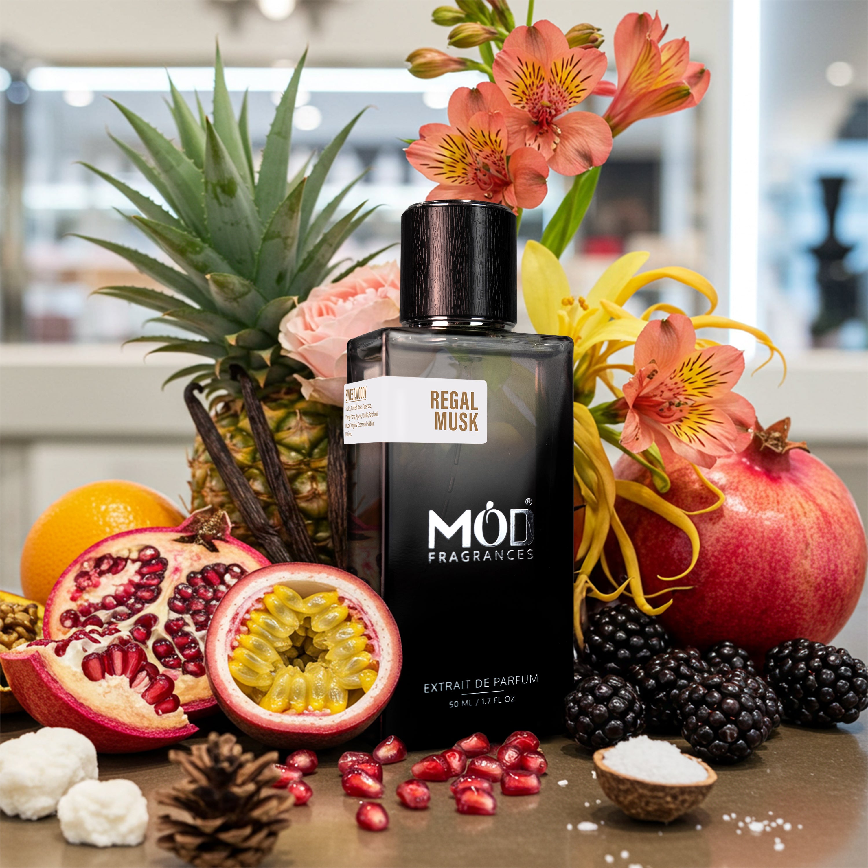 Inspired by Opera Möd Fragrances Regal Musk perfume bottle surrounded by fruits and flowers