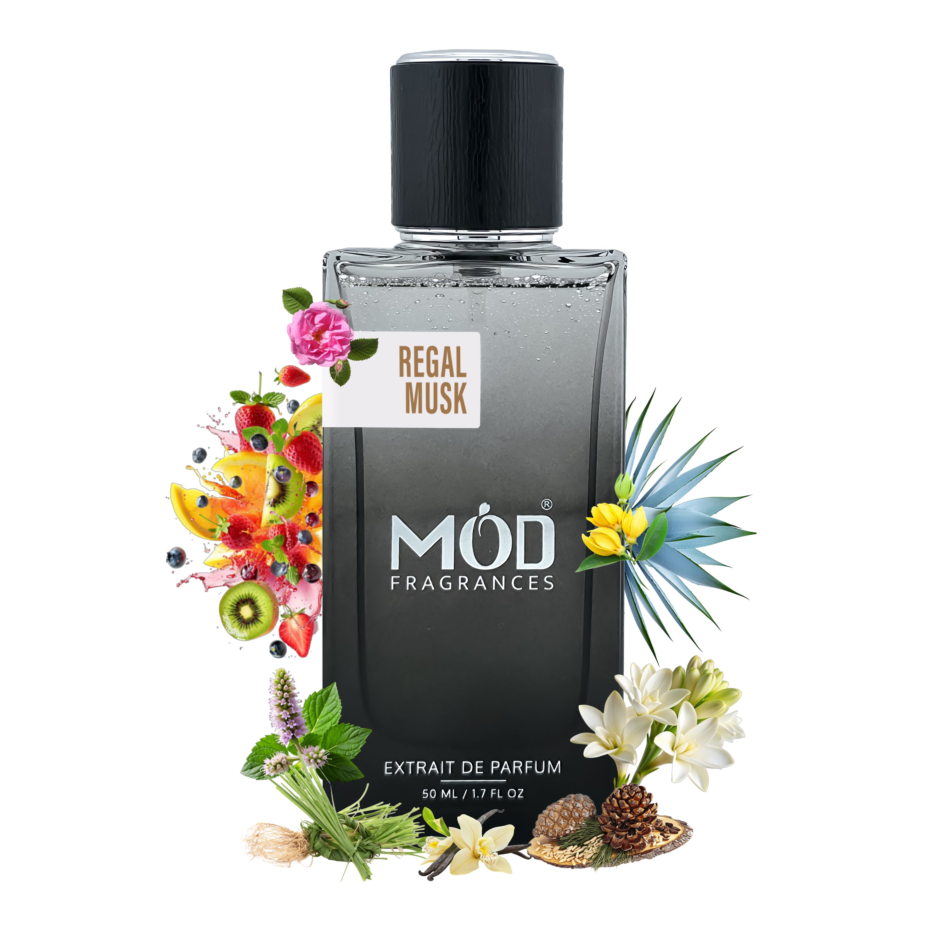 Inspired by Opera Möd Fragrances Regal Musk perfume bottle with floral and botanical elements on a white background
