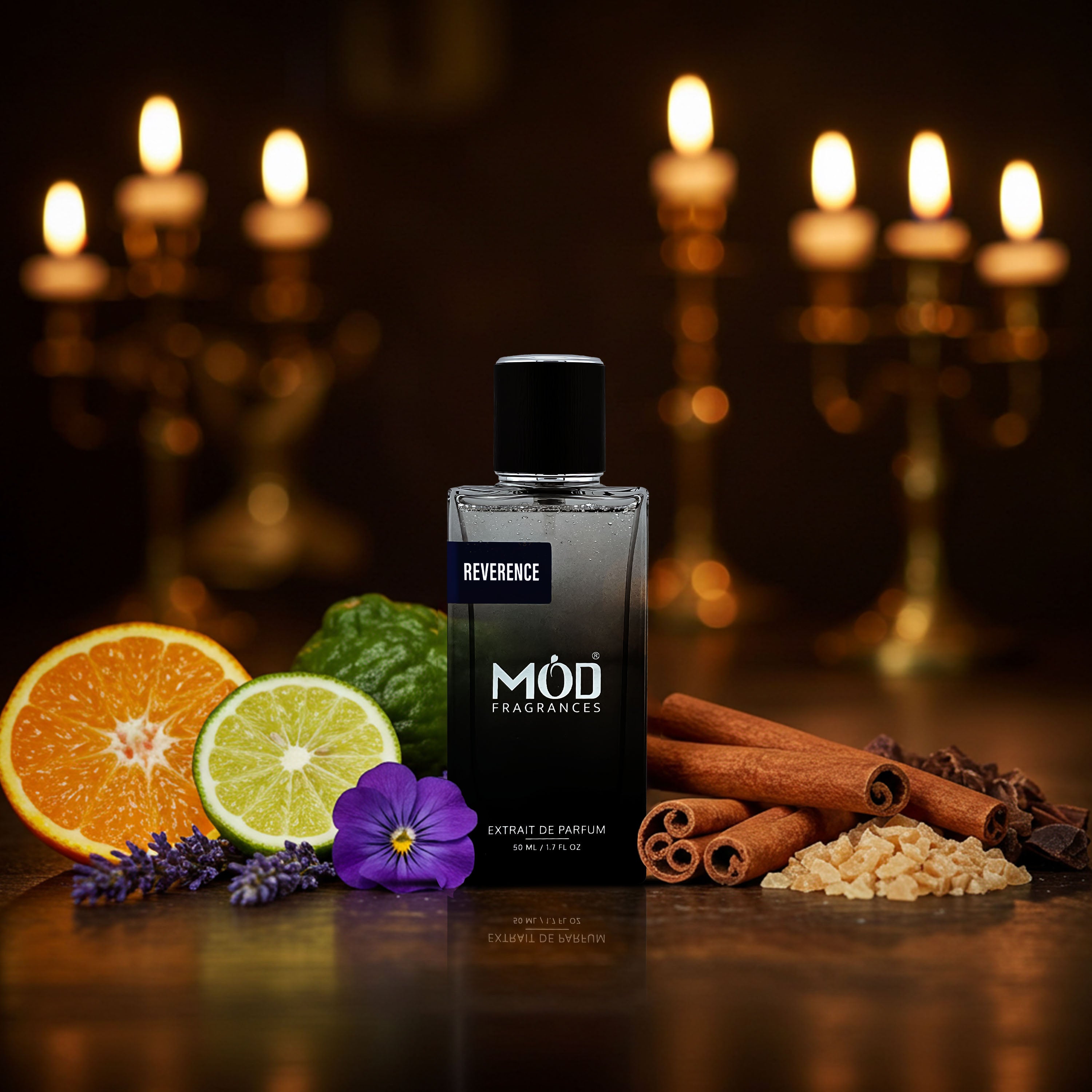 Inspired by Percival - Perfume Dupe MOD Fragrances Reverence bottle with fruits, spices, and flowers on a dark background