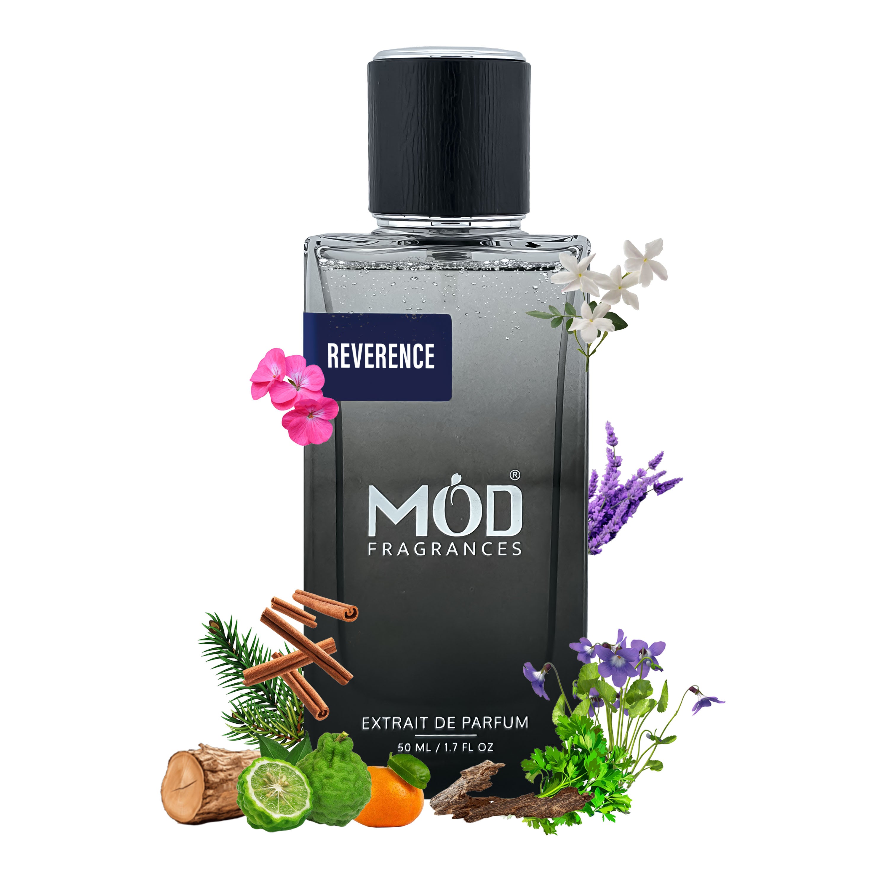 Inspired by Percival - Perfume Dupe bottle with 'Reverence' label and floral and spice elements on a white background
