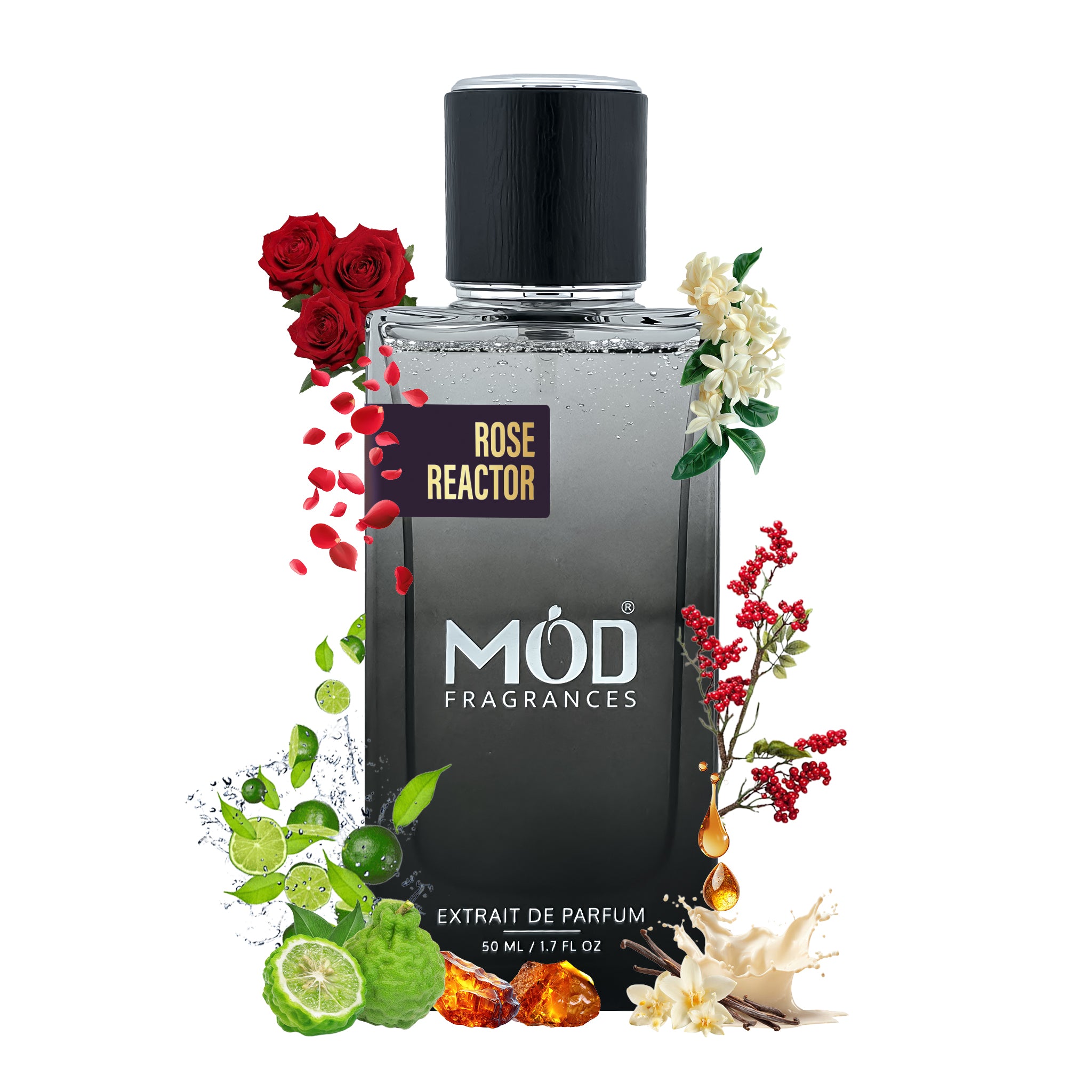 Inspired by Atomic Rose Perfume Dupe. Rose Reactor by Mod Fragrances. Black Color Perfume bottle