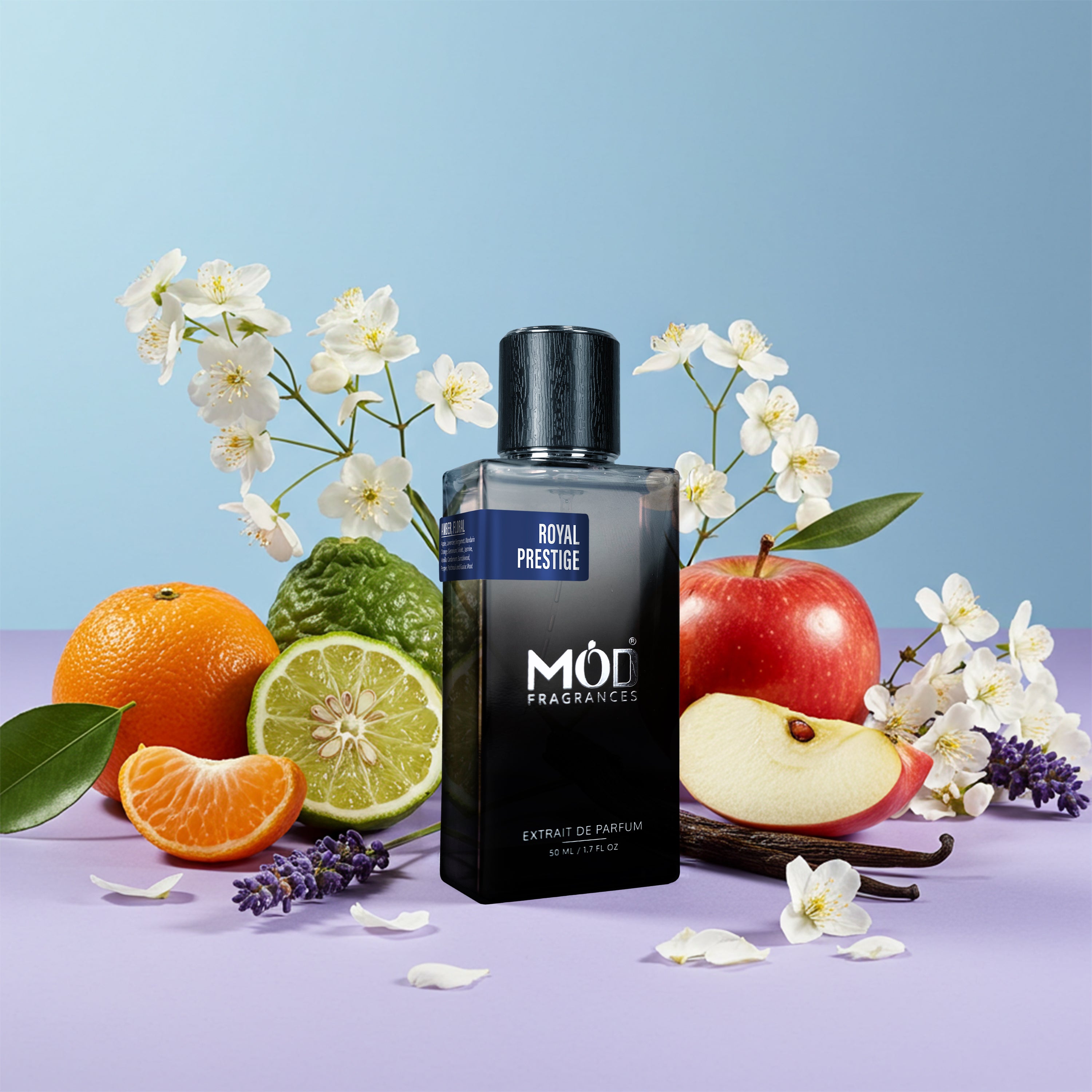Layton Dupe Black perfume bottle labeled 'Royal Prestige' surrounded by fruits and flowers on a light blue background