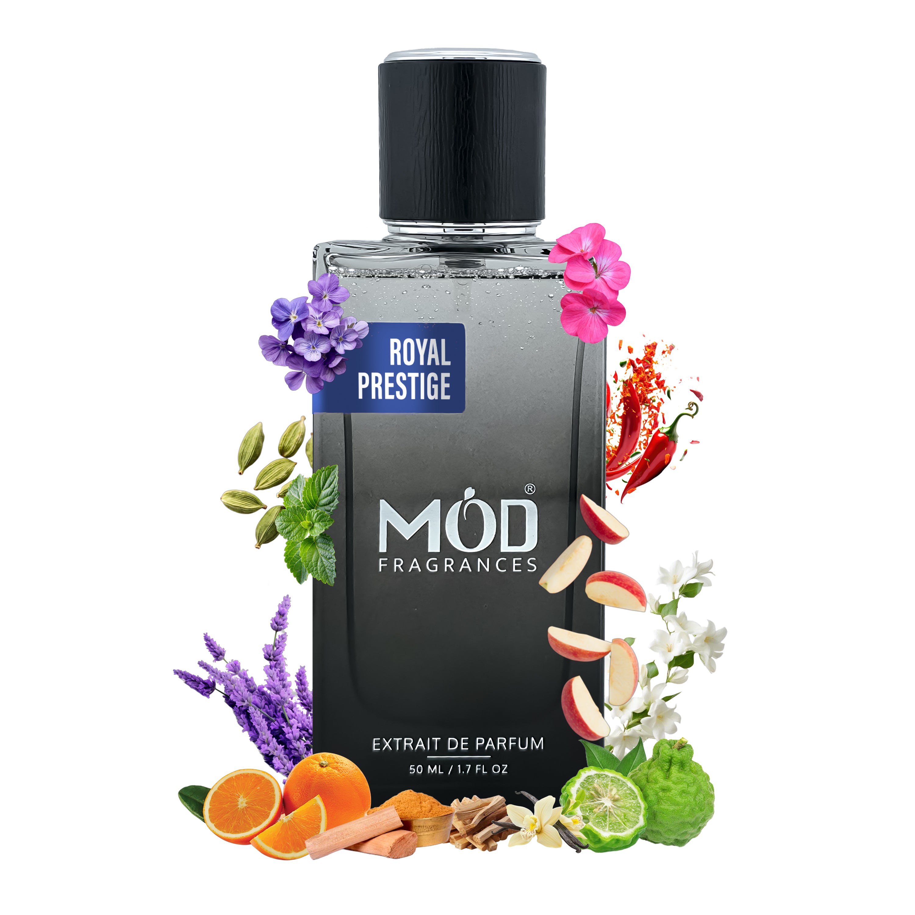 Layton Dupe Perfume bottle labeled 'Royal Prestige MOD Fragrances' with floral and fruit elements on a white background