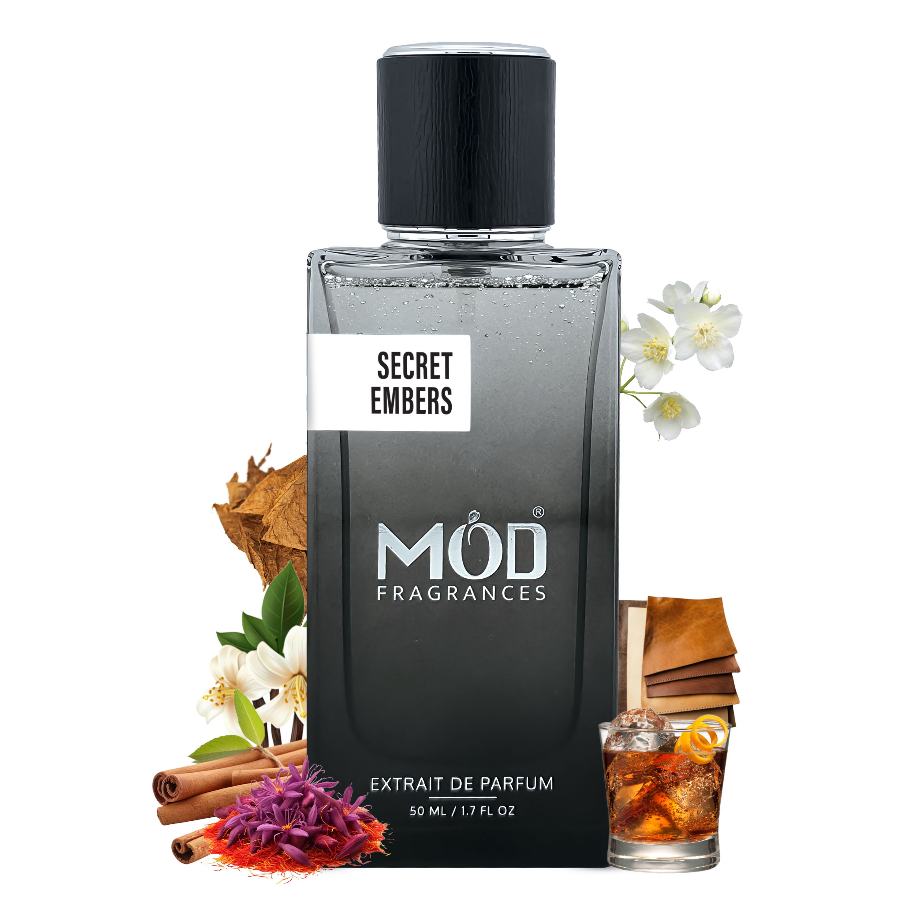 Inspired by Side Effect MOD Fragrances Secret Embers perfume bottle with floral and spice elements on a white background