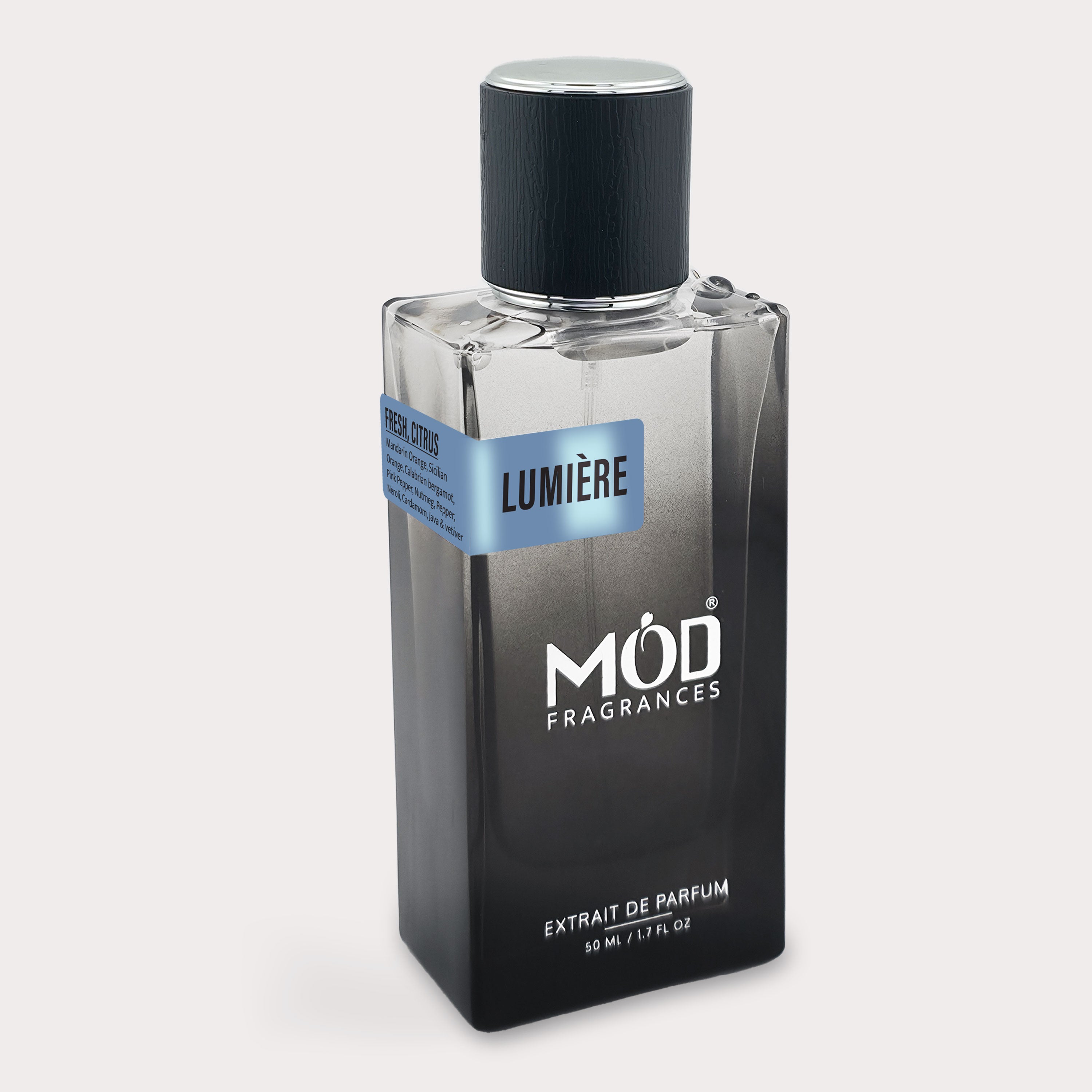 Perfume bottle labeled 'Lumérie' by MÔd Fragrances on a white background