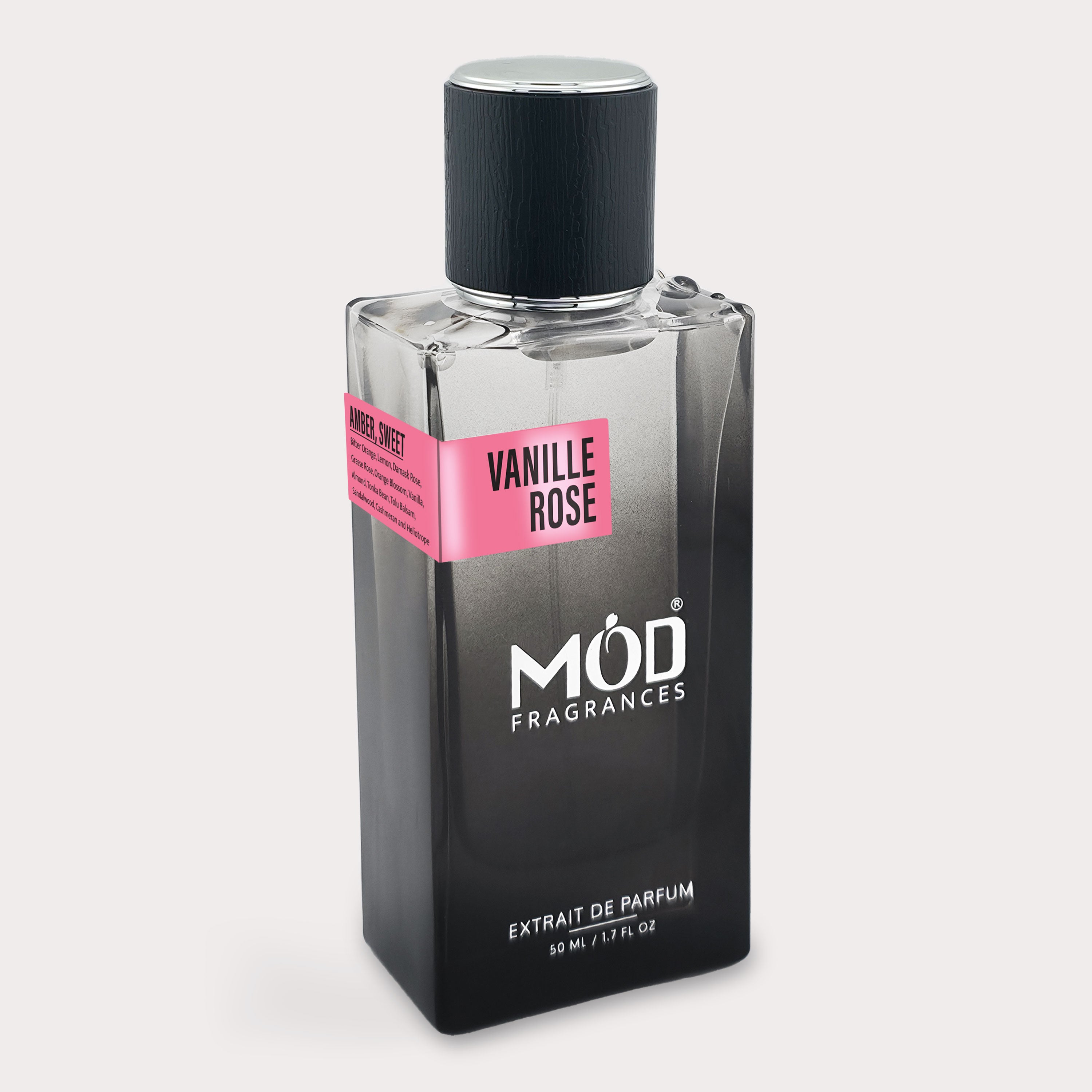 Perfume bottle labeled 'Vanille Rose' by MOD Fragrances on a light gray background