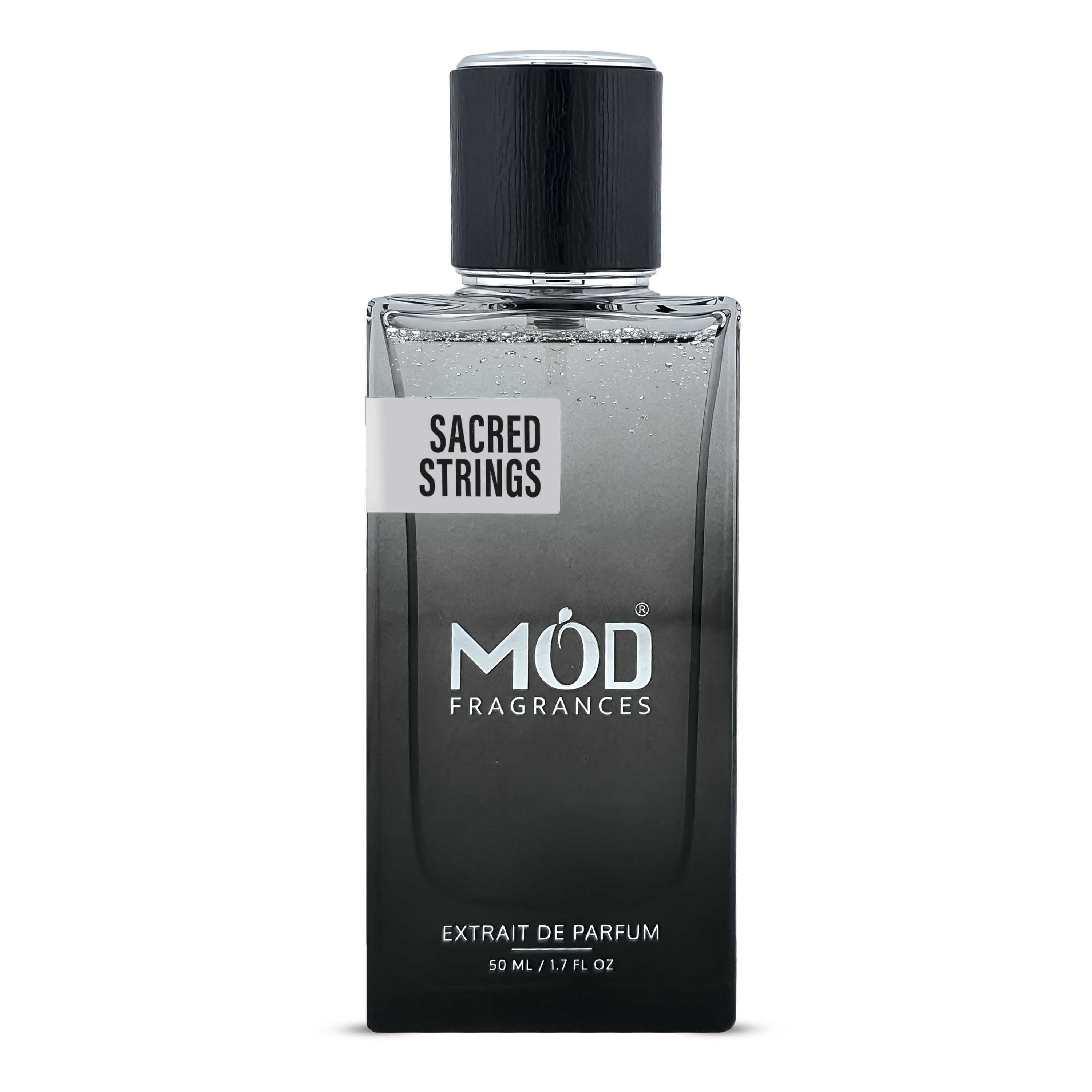 Inspired by Tony Lommi Monkey Special A bottle of Mod Fragrances Sacred Strings Extrait de Parfum, featuring a black-to-clear gradient rectangular glass bottle with a black cap, on a white background.