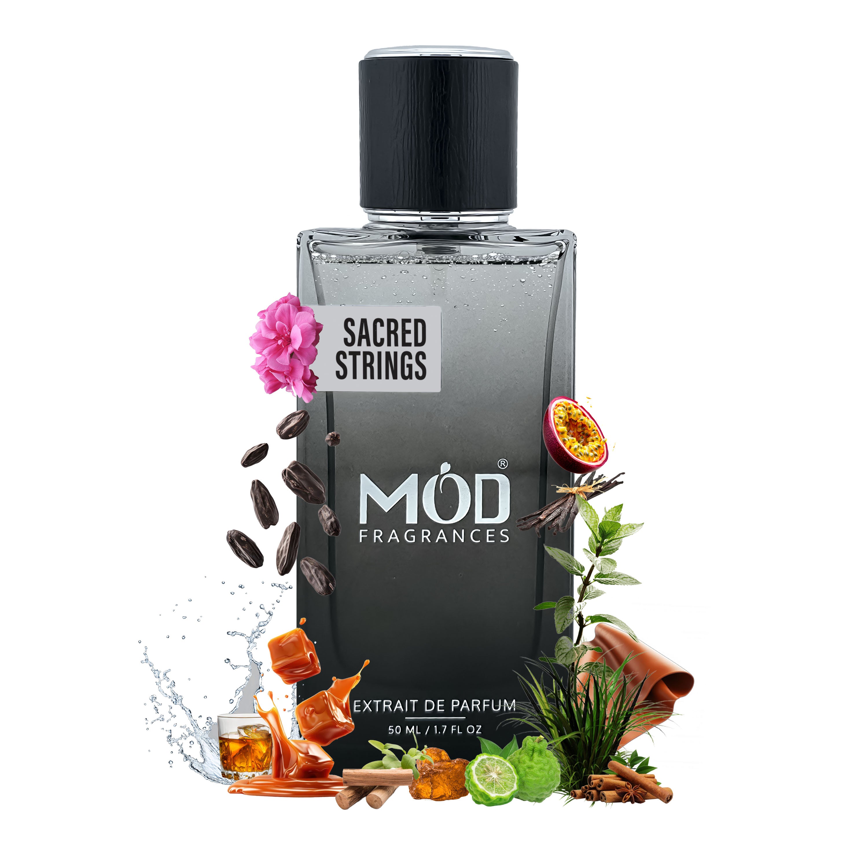 A bottle of Sacred Strings Extrait de Parfum by MOD Fragrances, featuring a dark gray gradient bottle with a black cap, surrounded by illustrative scent ingredients like passion fruit, cinnamon, lime, and amber liquid on a white background.