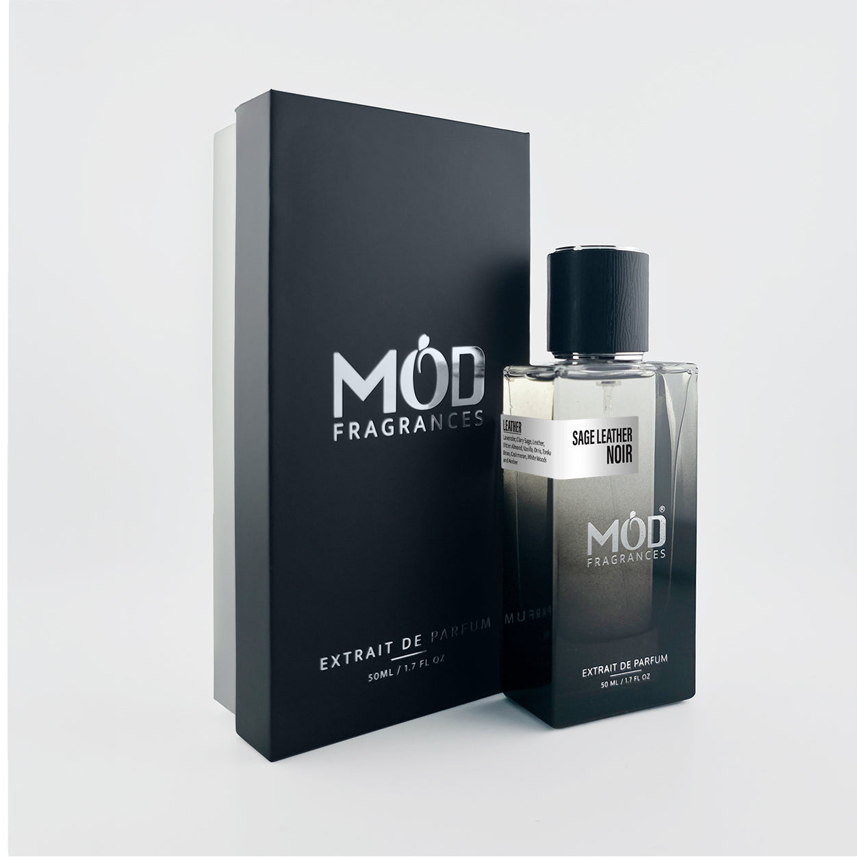 Mod Fragrances Sage Leather Noir perfume bottle and packaging on a white background