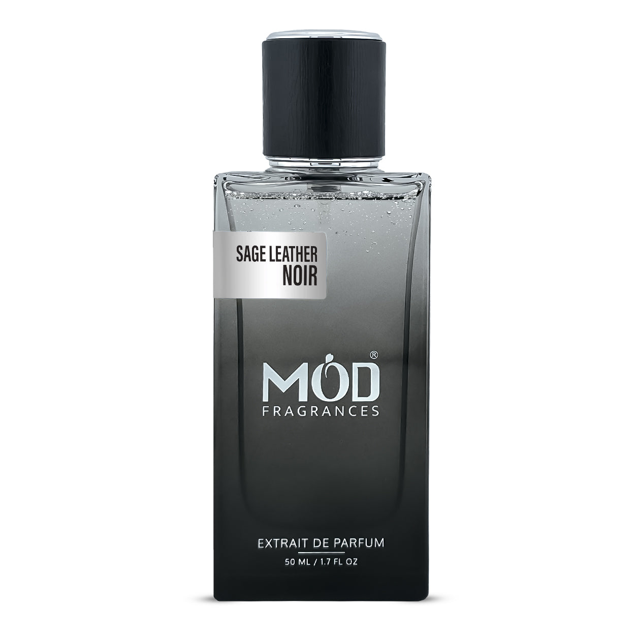 Inspired by Fabulous Black perfume bottle labeled 'Sage Leather Noir' by Möd Fragrances on a white background