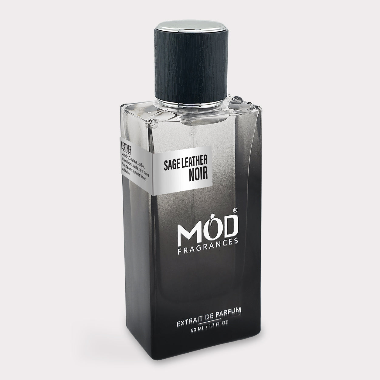 Perfume bottle labeled 'Sage Leather Noir' by MÓd Fragrances on a light gray background