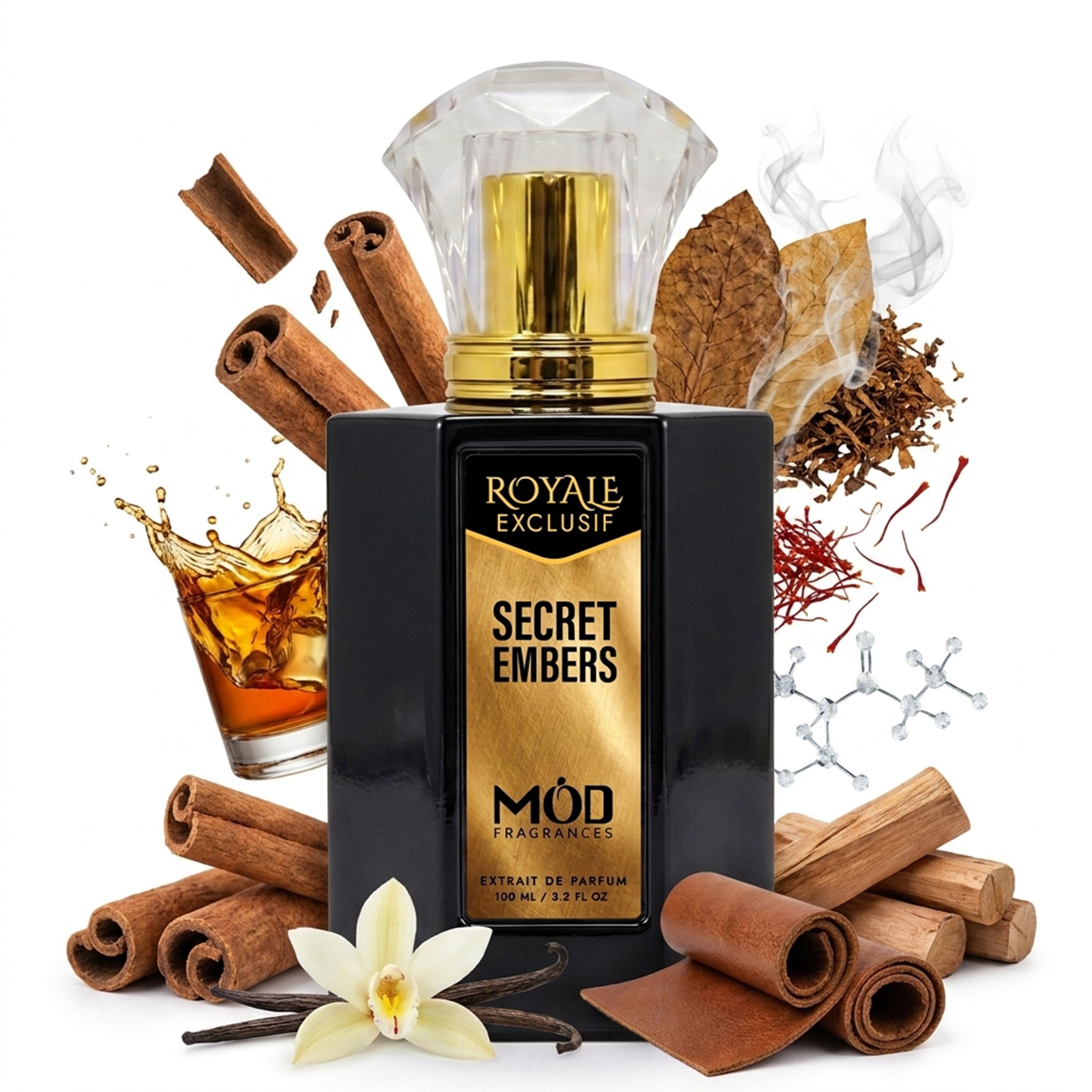 Secret Embers by MOD fragrances, luxury inspired 100ml black bottle with luxury label, cinnamon, rum in glass, leather, vanilla, tobacco leaves, saffron, on white background
