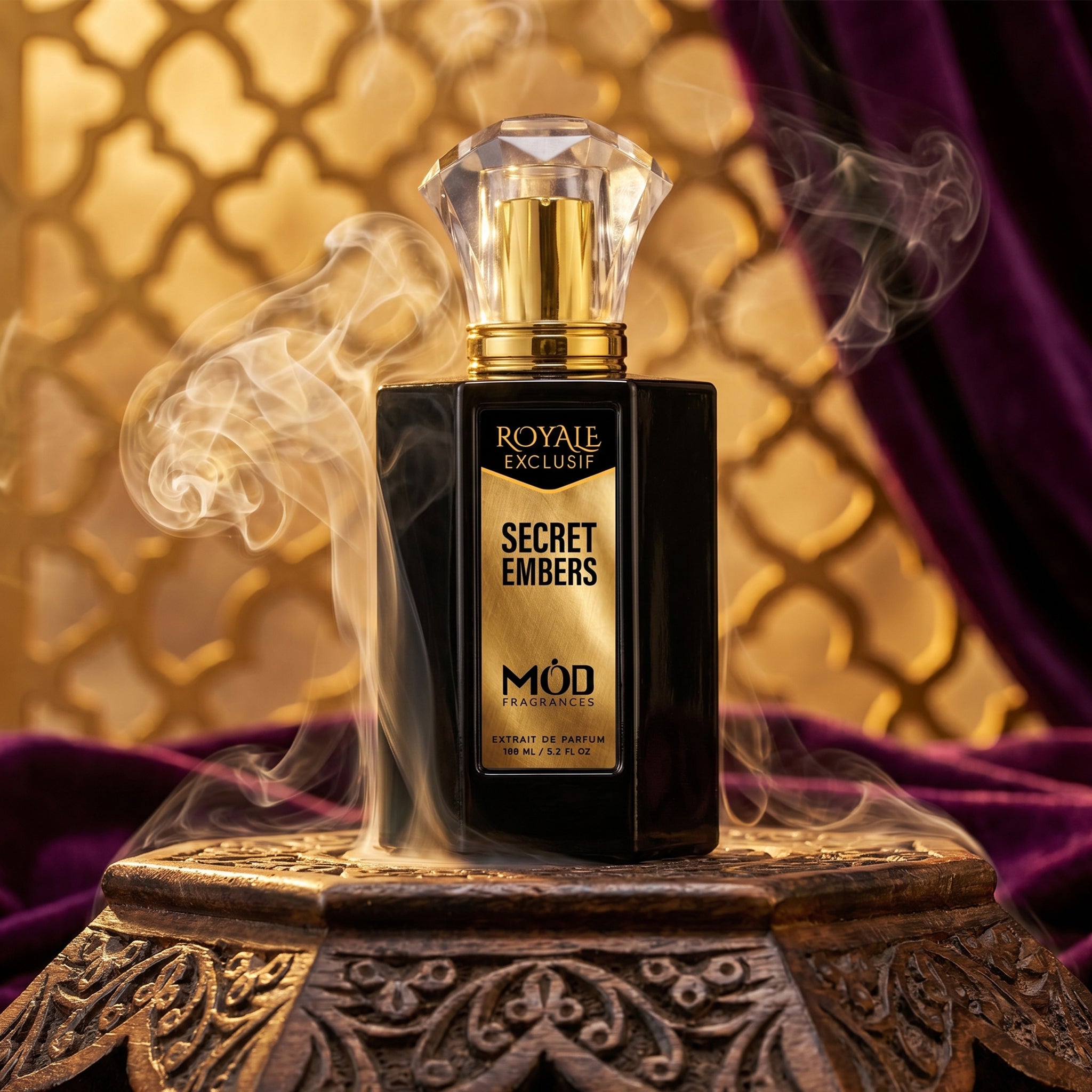Secret Embers by MOD fragrances, luxury inspired 100ml black box and bottle with luxury label, on royal luxury background background