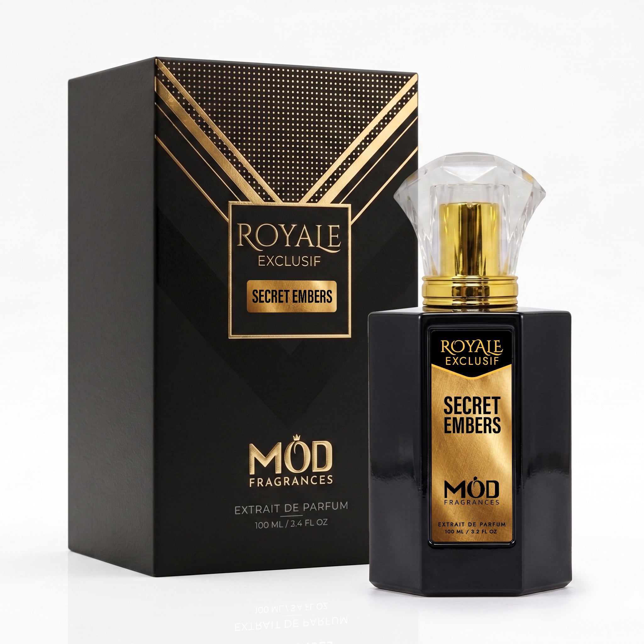 Secret Embers by MOD fragrances, luxury inspired 100ml black box and bottle with luxury label, on white background