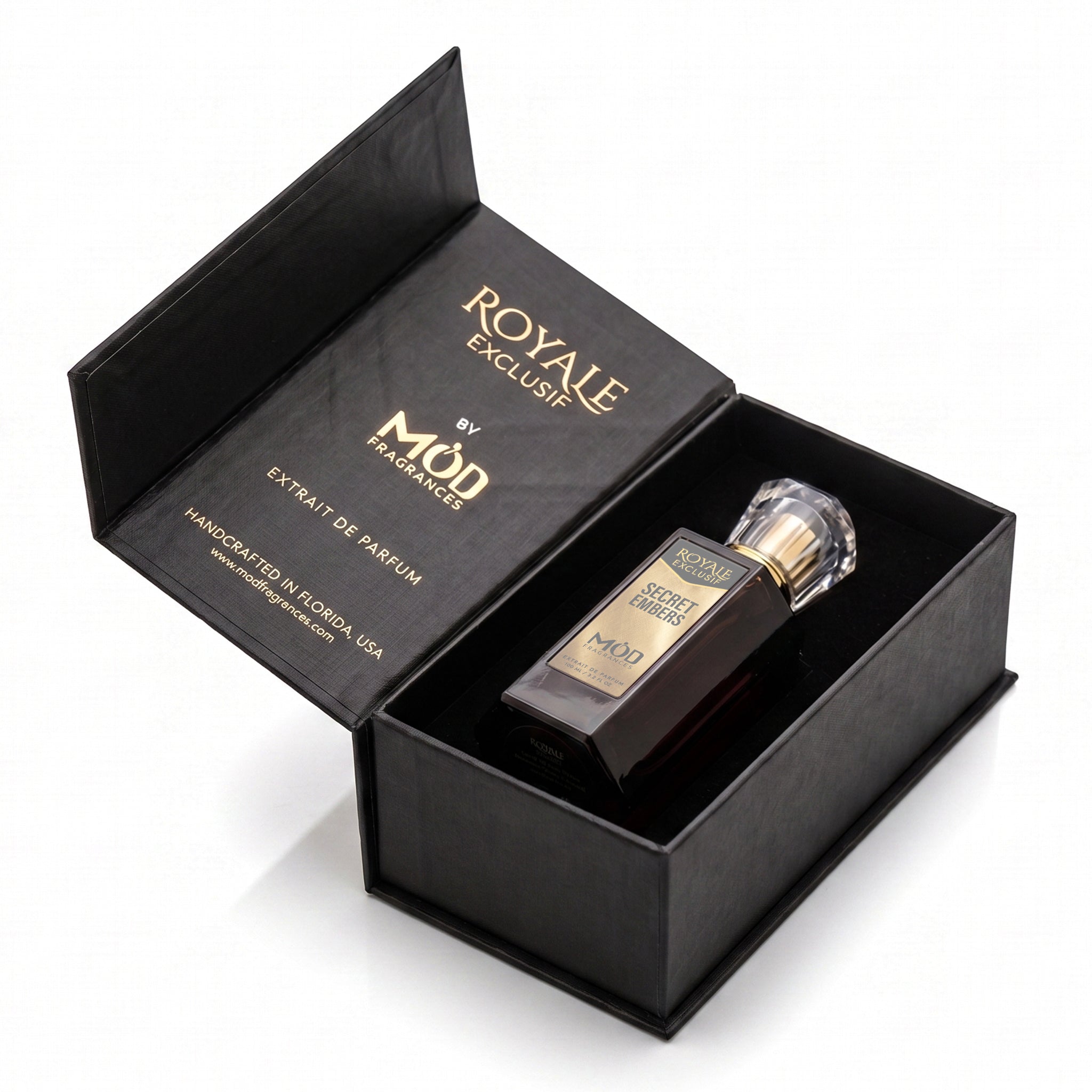 Secret Embers by MOD fragrances, luxury inspired 100ml black box with luxury label, on white background