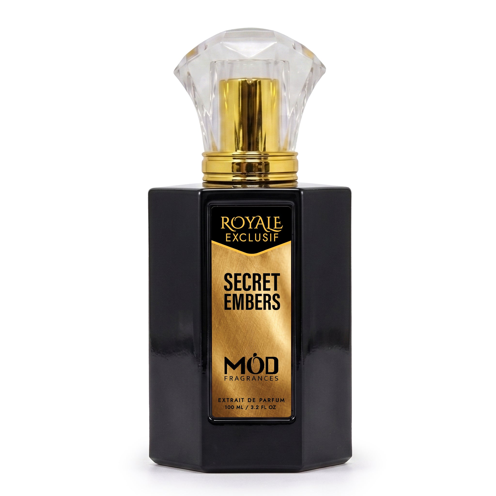 Secet Embers by MOD fragrances, luxury inspired 100ml black bottle with luxury label, on white background