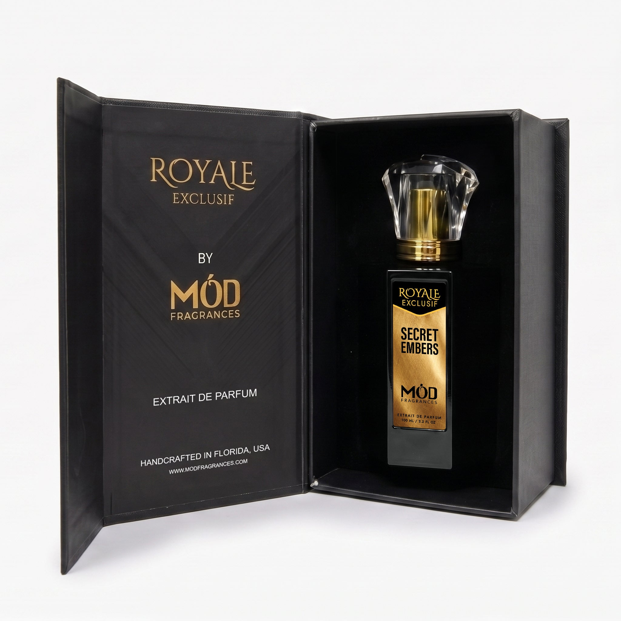 Secret Embers by MOD fragrances, luxury inspired 100ml black box with luxury label, on white background