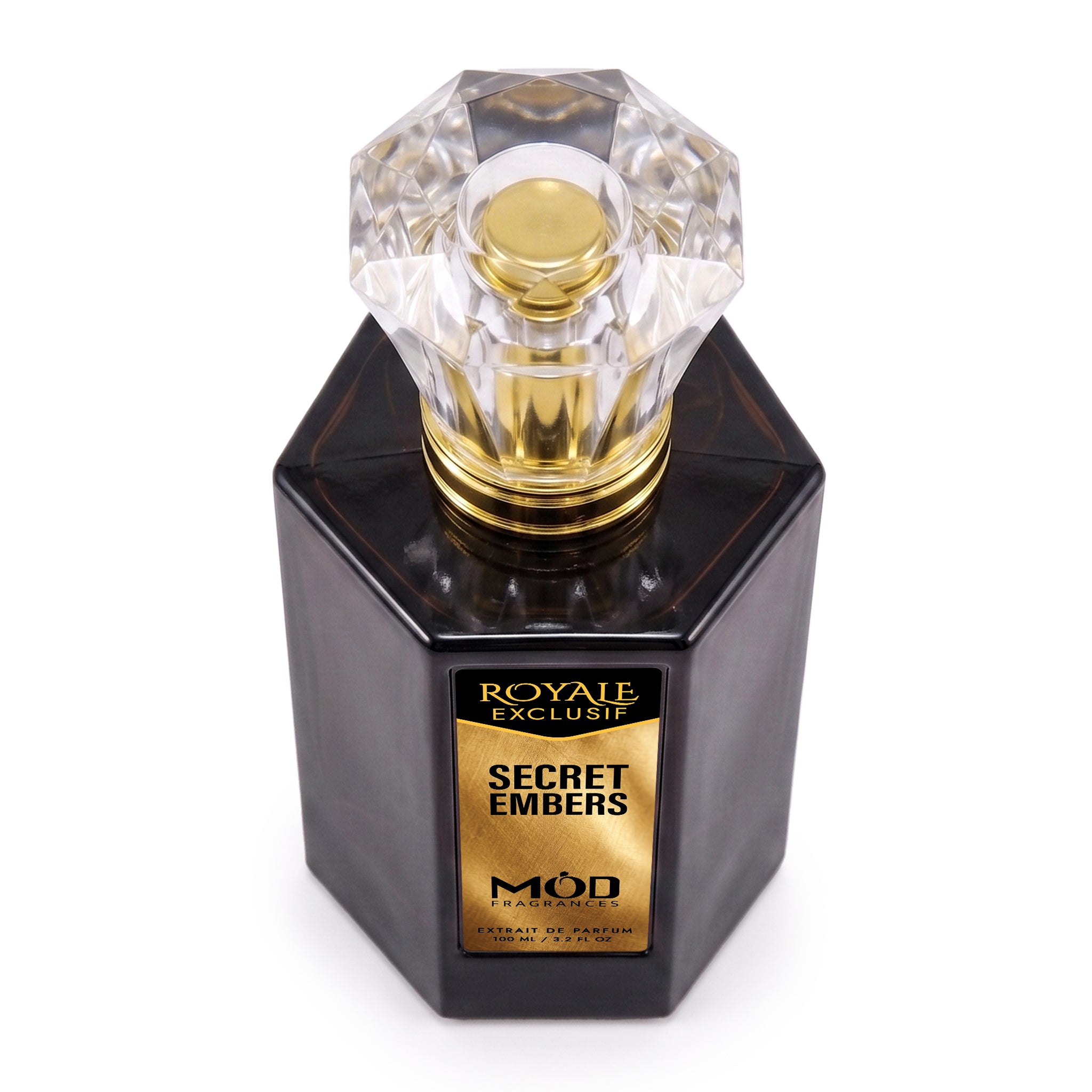 Secret Embers by MOD fragrances, luxury inspired 100ml black bottle with luxury label, on white background