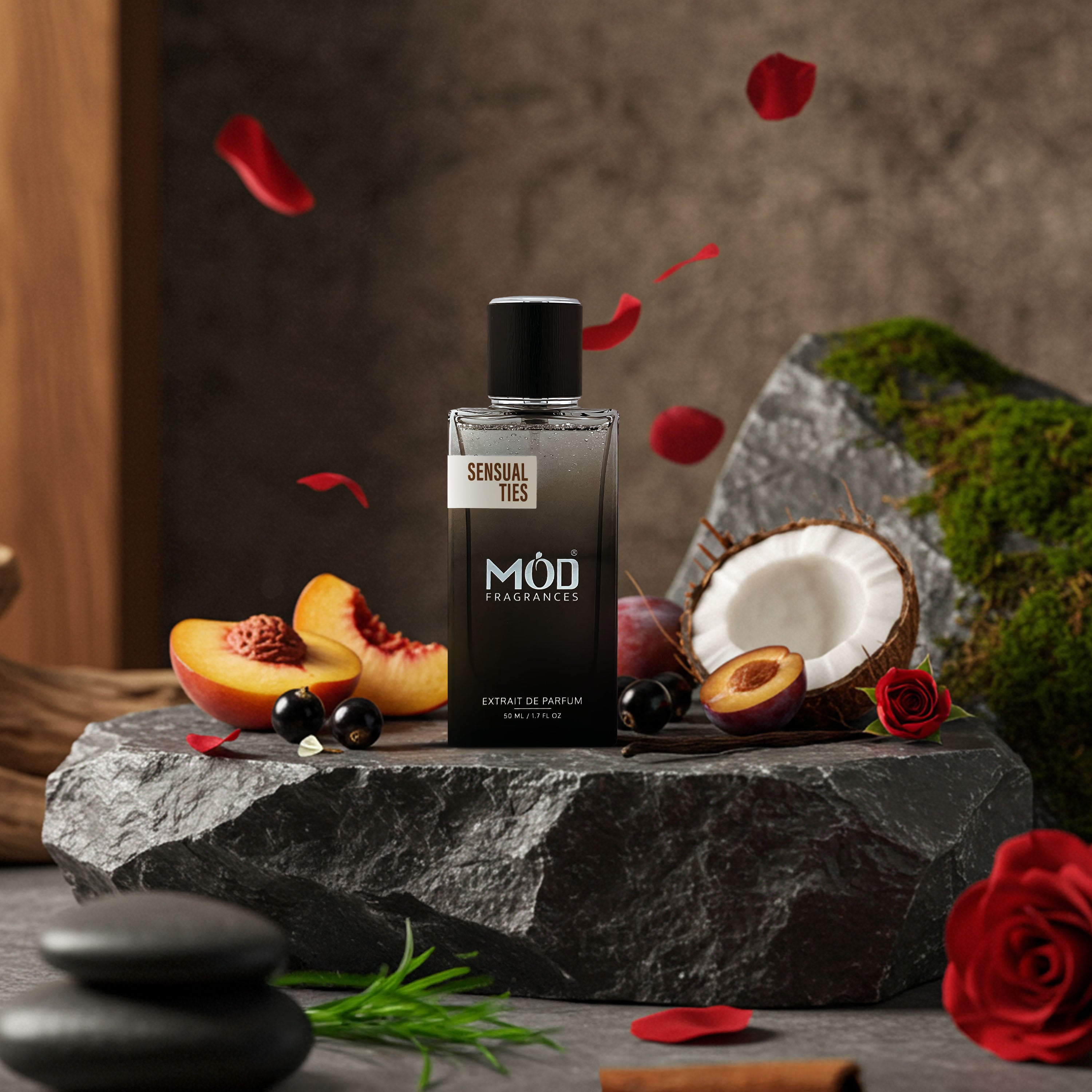Möd Fragrances bottle on a stone surface with fruits and flowers