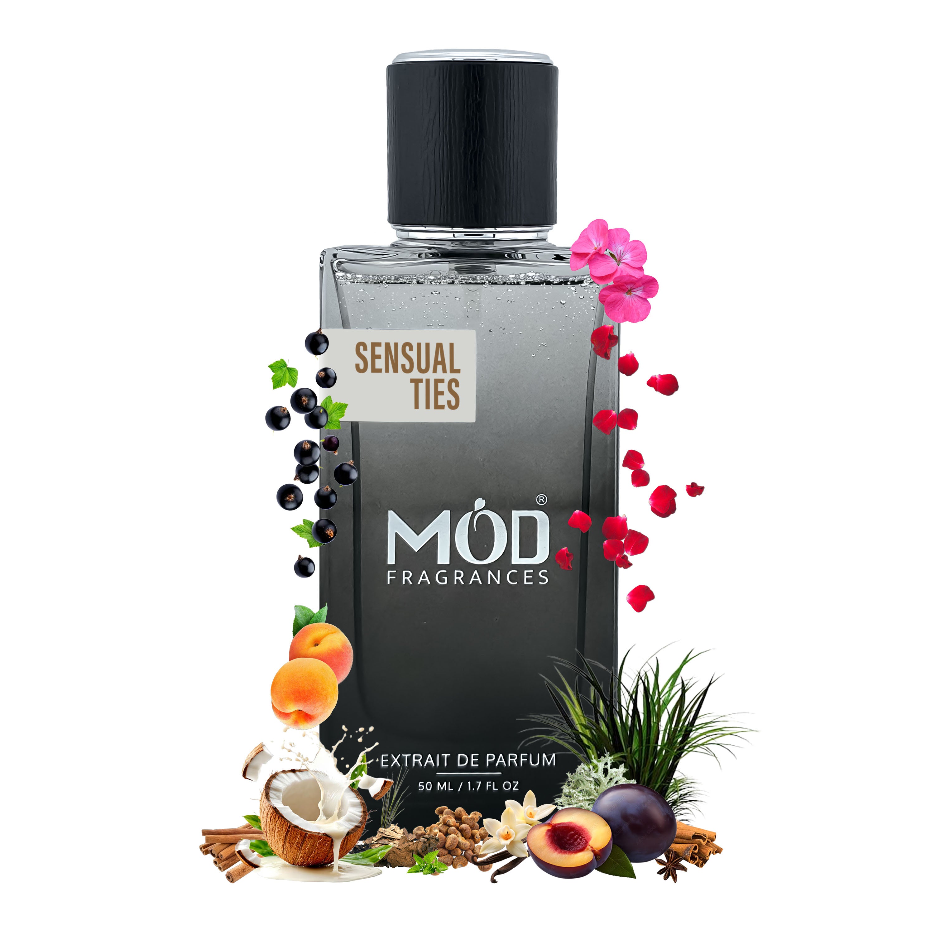 Liaisons Dangereuses Perfume Dupe  bottle labeled 'Sensual Ties' by 'MOD Fragrances' with decorative elements on a white background