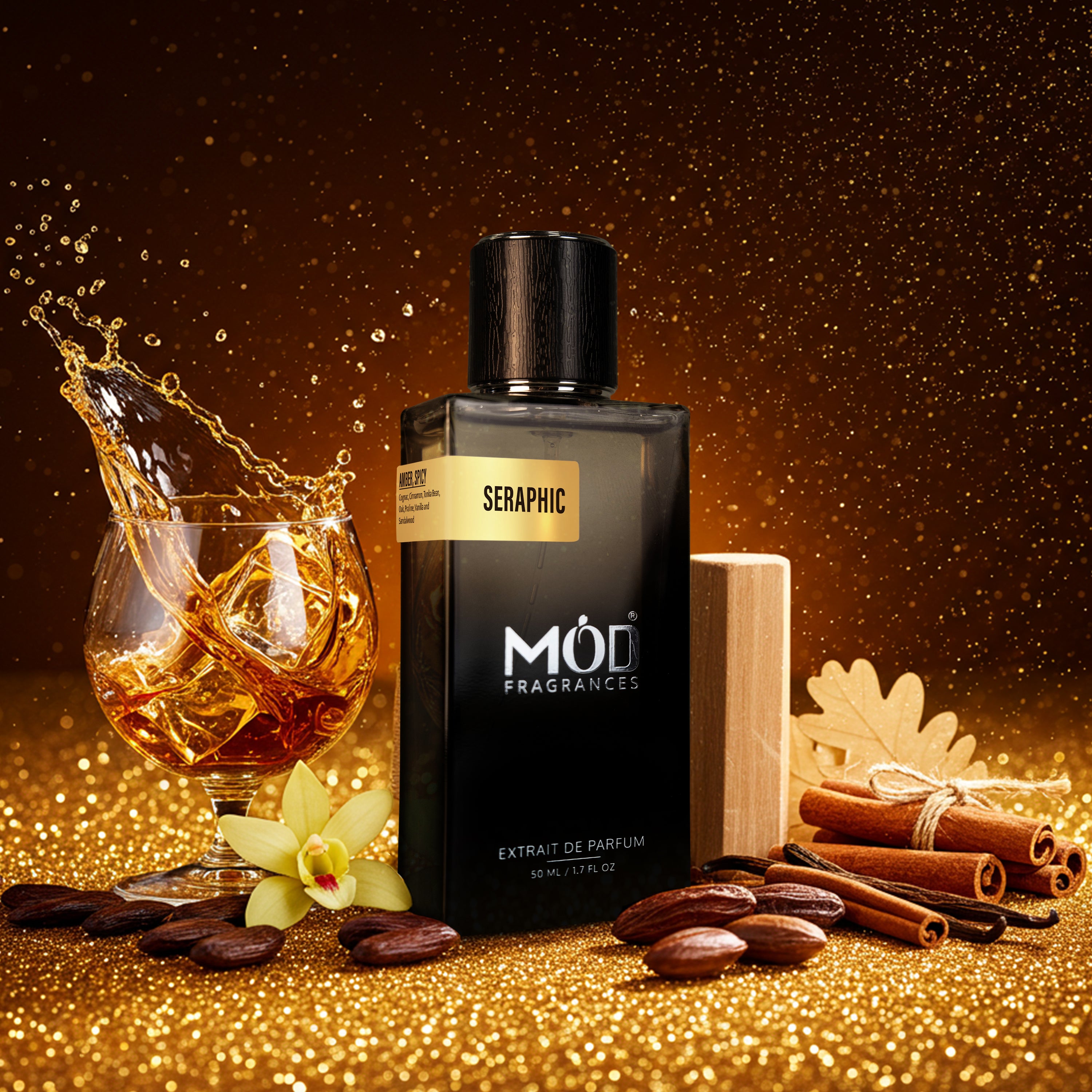 Möd Fragrances Seraphic perfume bottle with a glass of whiskey, cinnamon sticks, and flowers on a glittery gold background.