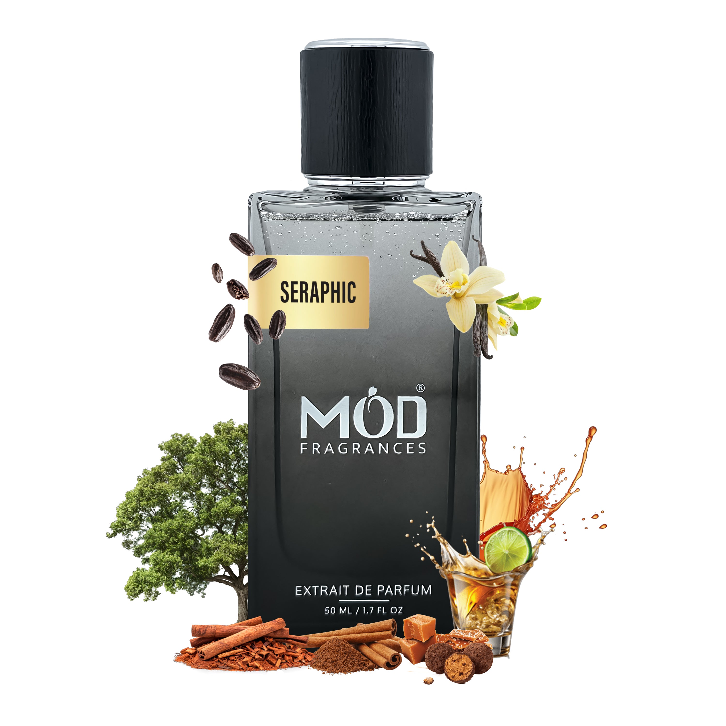 Angels Share Dupe Möd Fragrances Seraphic perfume bottle with botanical elements on a white background