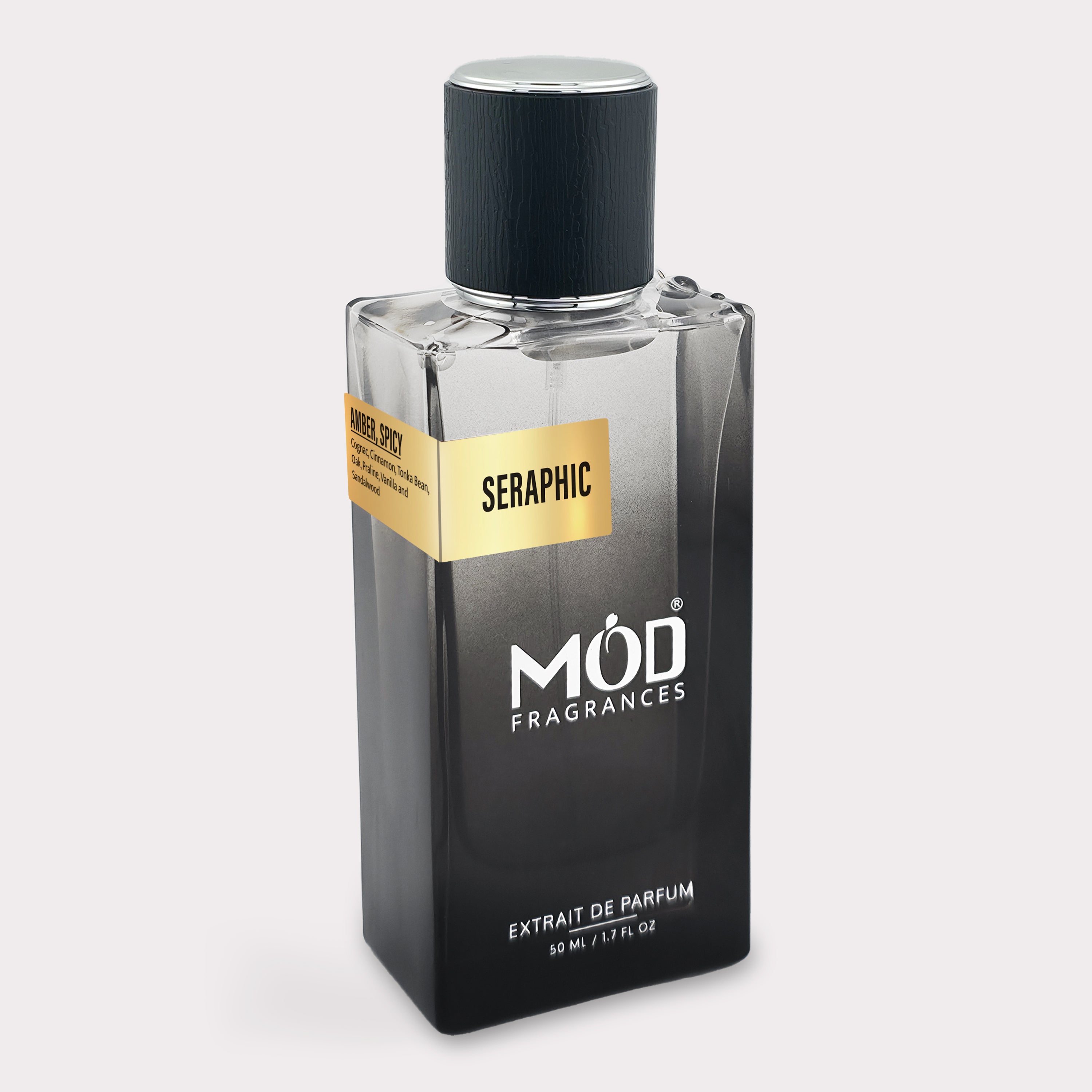 Perfume bottle labeled 'Seraphic' by 'MOD Fragrances' on a light gray background