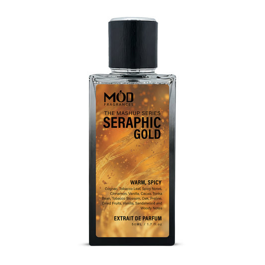 Perfume bottle labeled 'Seraphic Gold' by Möd Fragrances on a white background