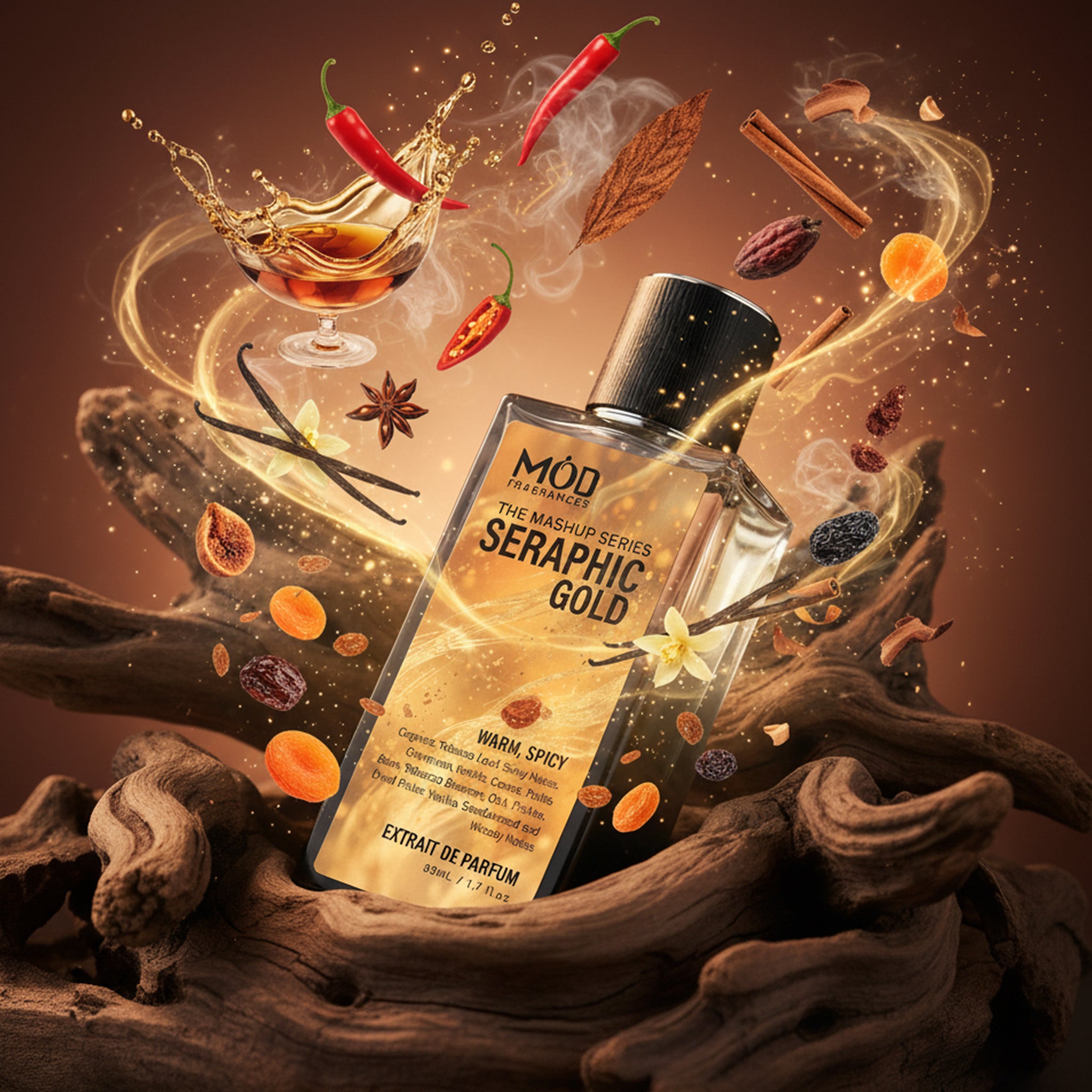 A rectangular glass perfume bottle by MOD Fragrances, labeled "Mashup series Seraphic Gold" is placed on dark amber and oakwood and its ingredients revolving around the bottle frozen midair, on a golden brown background