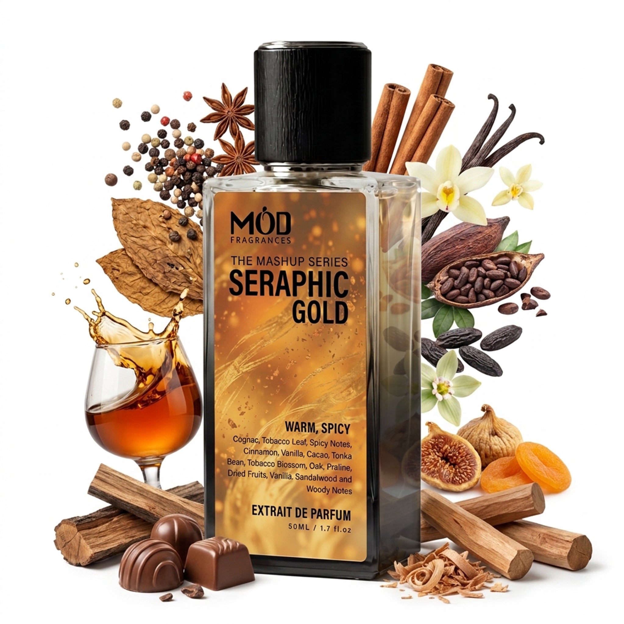 A glass perfume bottle by MOD Fragrances, labeled “Mashup series Seraphic Gold” is surrounded by a vibrant artistic arrangement of its fragrance ingredients, including Cognac, Tobacco Leaf and Spicy Notes, Cinnamon, Vanilla, Cacao, Tonka Bean, Tobacco Blossom and Oak, Praline, Dried Fruits, Vanilla, Sandalwood and Woody Notes. against a white background.
