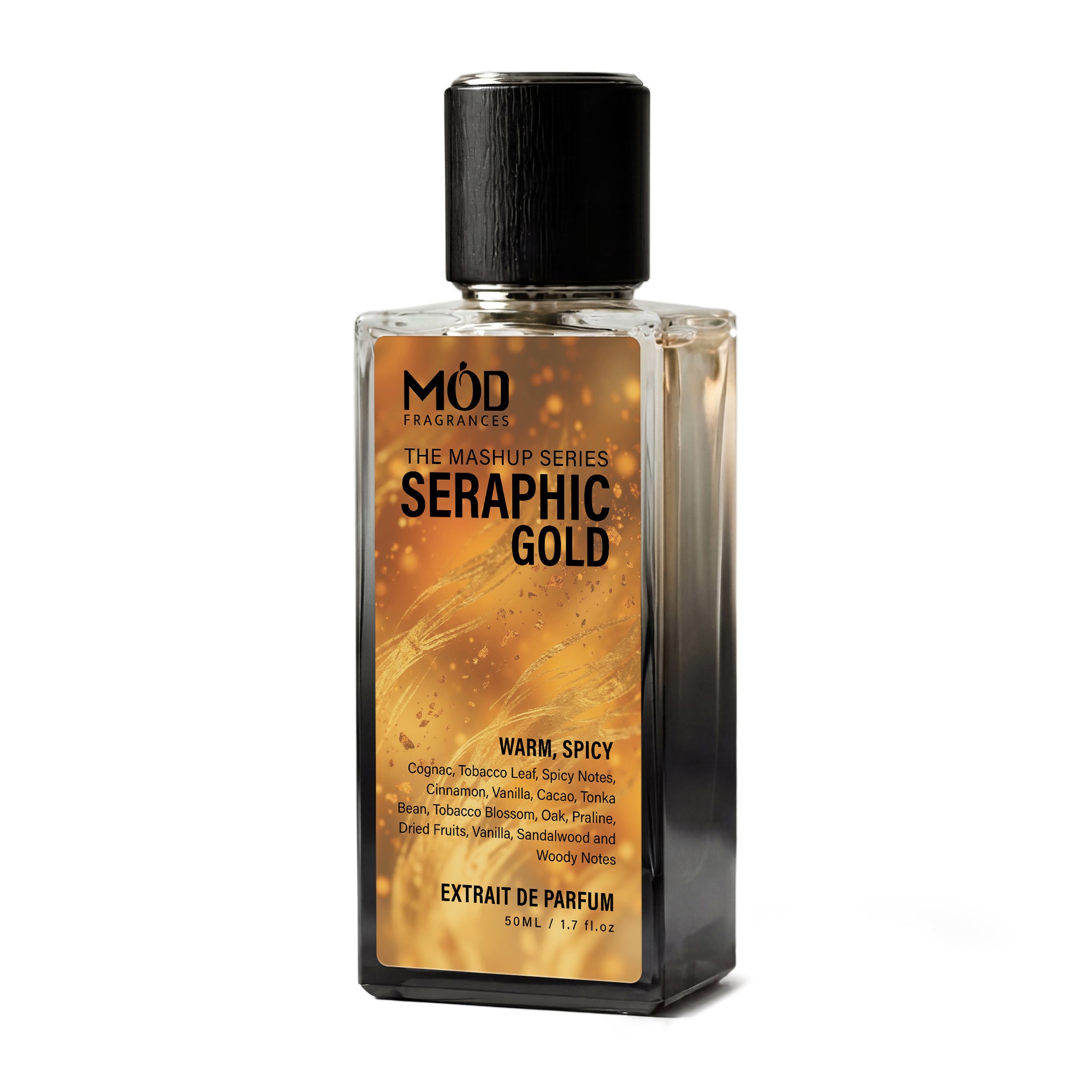 A rectangular glass perfume bottle by MOD Fragrances, labeled “Mashup series Seraphic Gold” stands centered against a plain white background, featuring a black cap and a gradient black-to-clear glass finish.