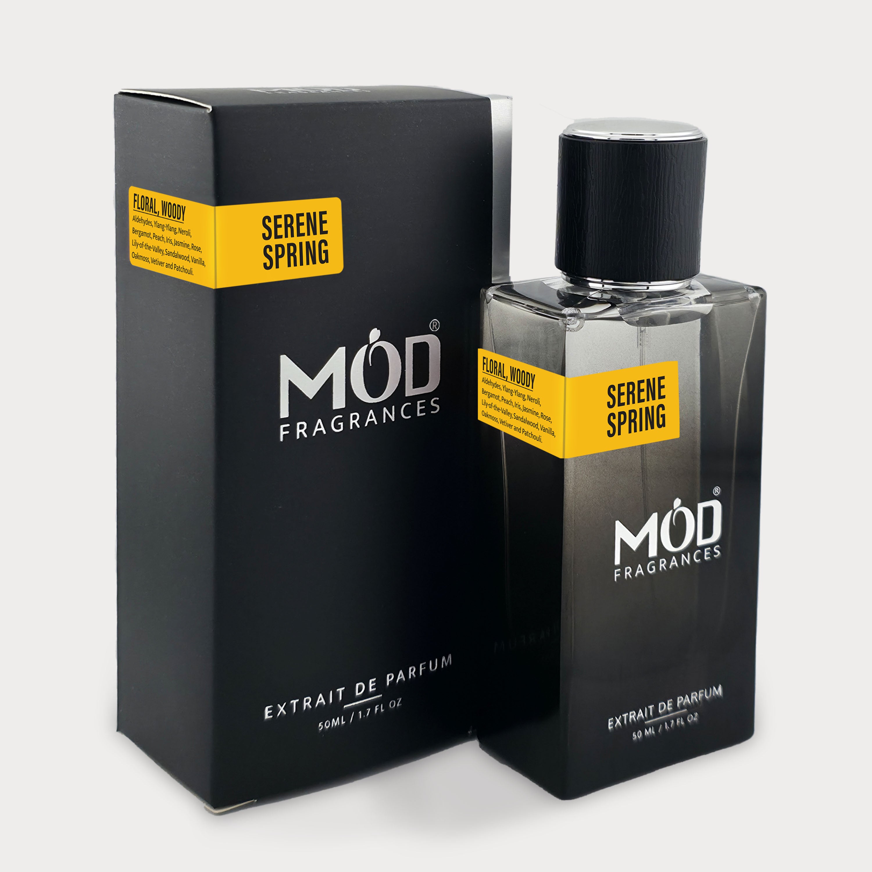 Chanel no 5 dupe Möd Fragrances Serene Spring perfume bottle and packaging on a white background