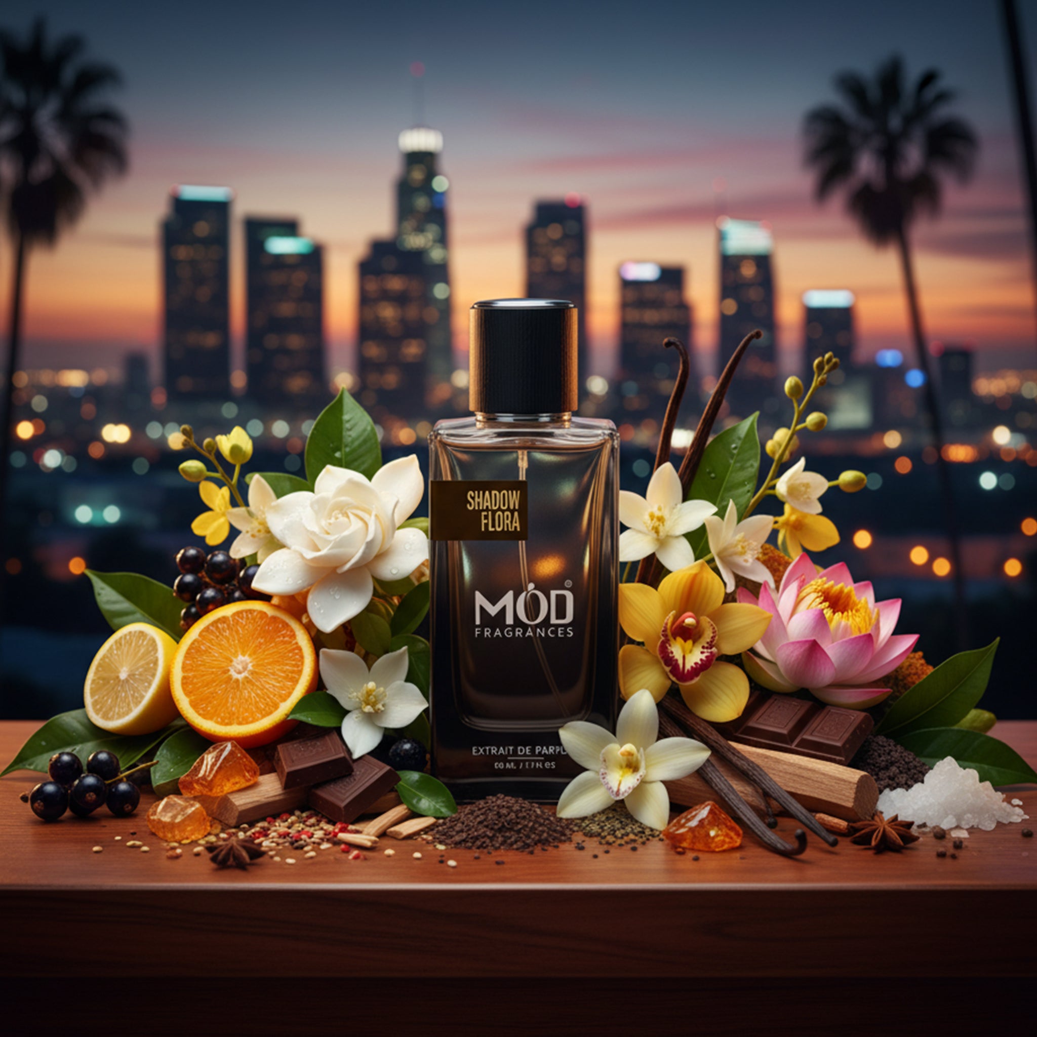 MUD perfume bottle surrounded by flowers and fruits with a cityscape in the background