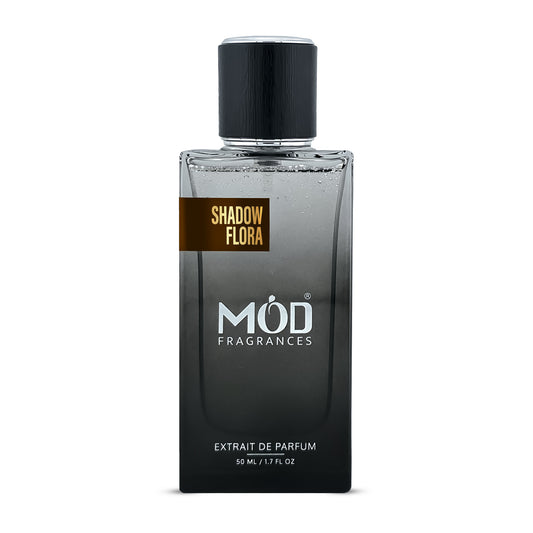 Black Orchid Inspired Perfume bottle labeled 'Shadow Flora' by 'MOD Fragrances' on a white background