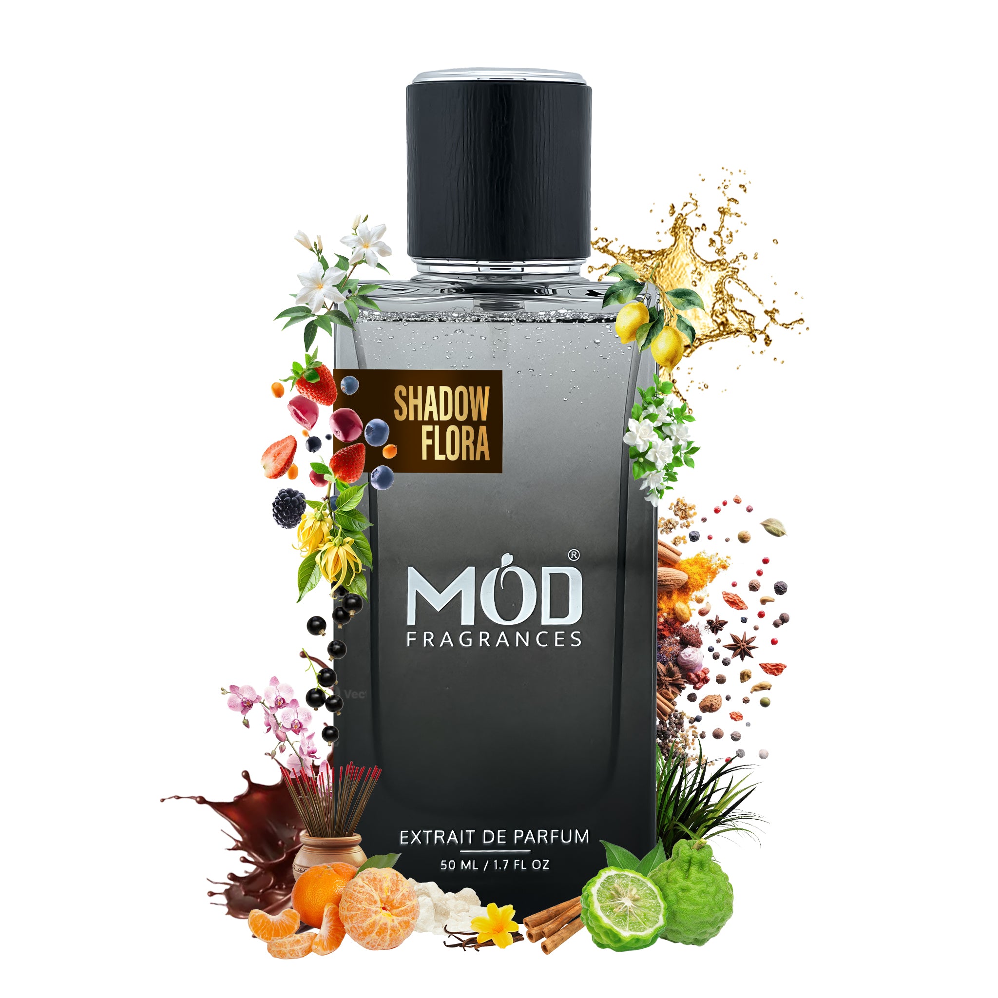 Perfume bottle with 'MOD Fragrances' branding surrounded by floral and fruit elements on a white background
