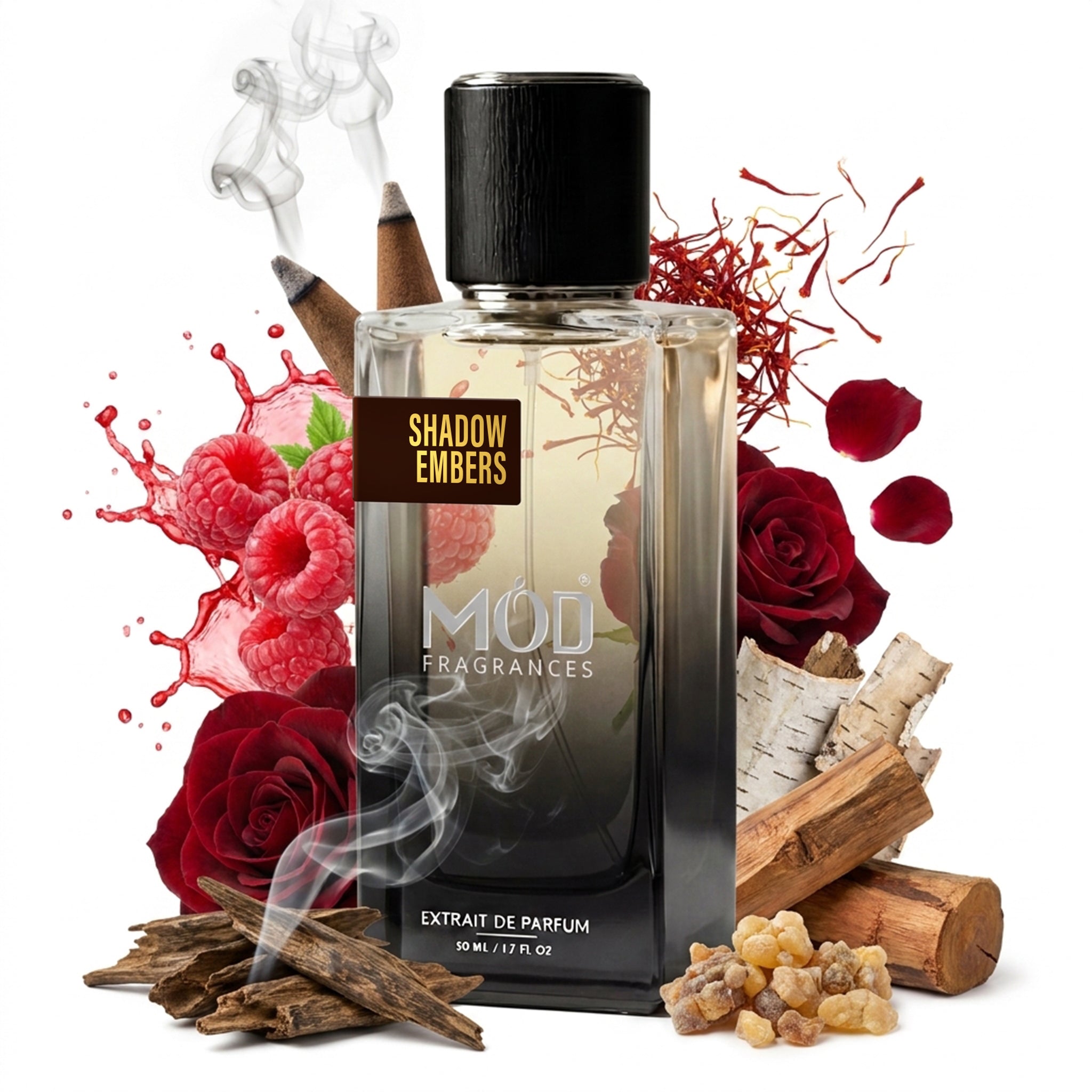 A glass perfume bottle by MOD Fragrances, labeled “Shadow Embers” is surrounded by a vibrant artistic arrangement of its fragrance ingredients, including Incense with smoke, raspberries, saffron, red rose, old (agarwood), amber wood, benzoin, and birch leaves. against a white background.