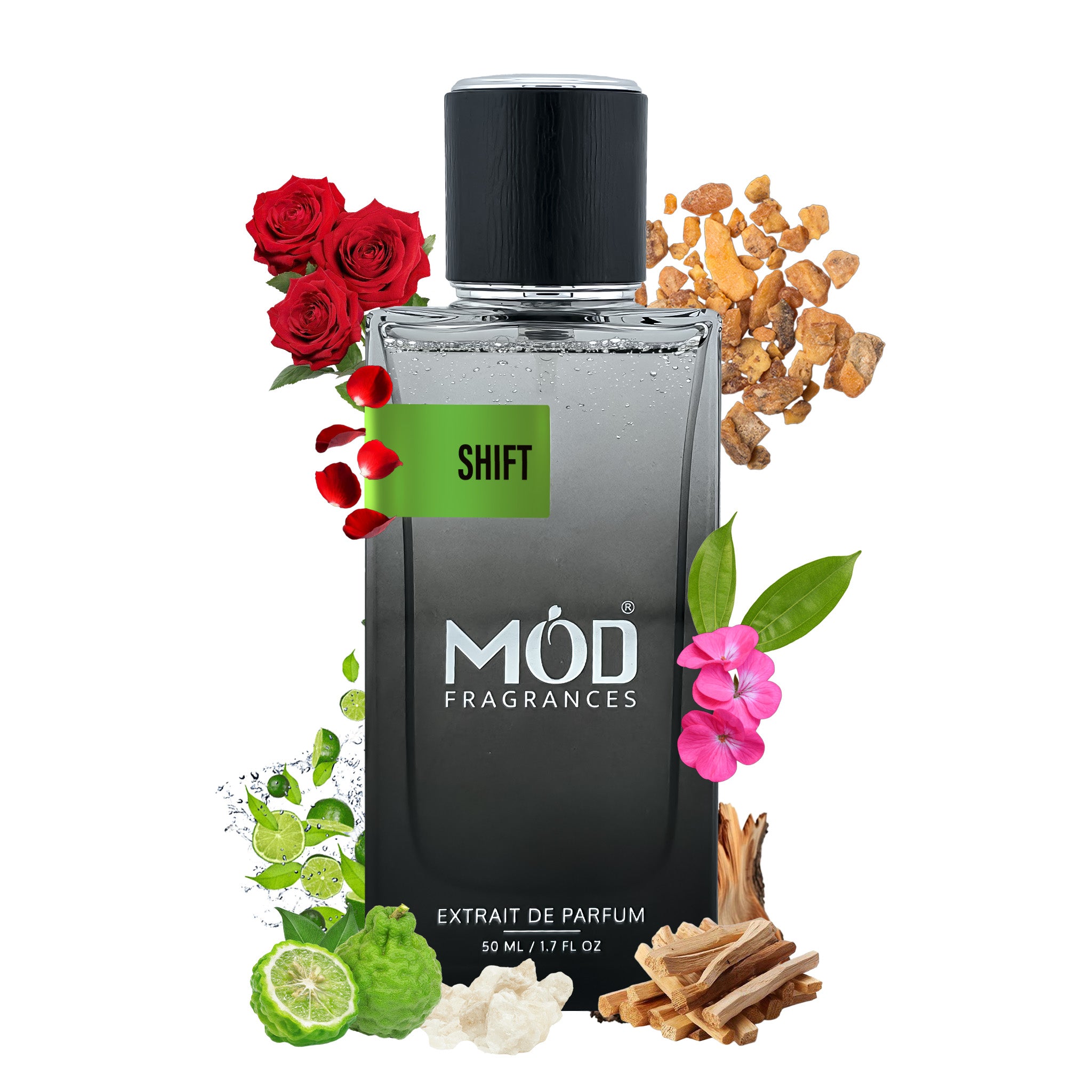 Inspired by Paradigme Perfume bottle labeled 'Shift' by MOD Fragrances with floral and spice elements on a white background