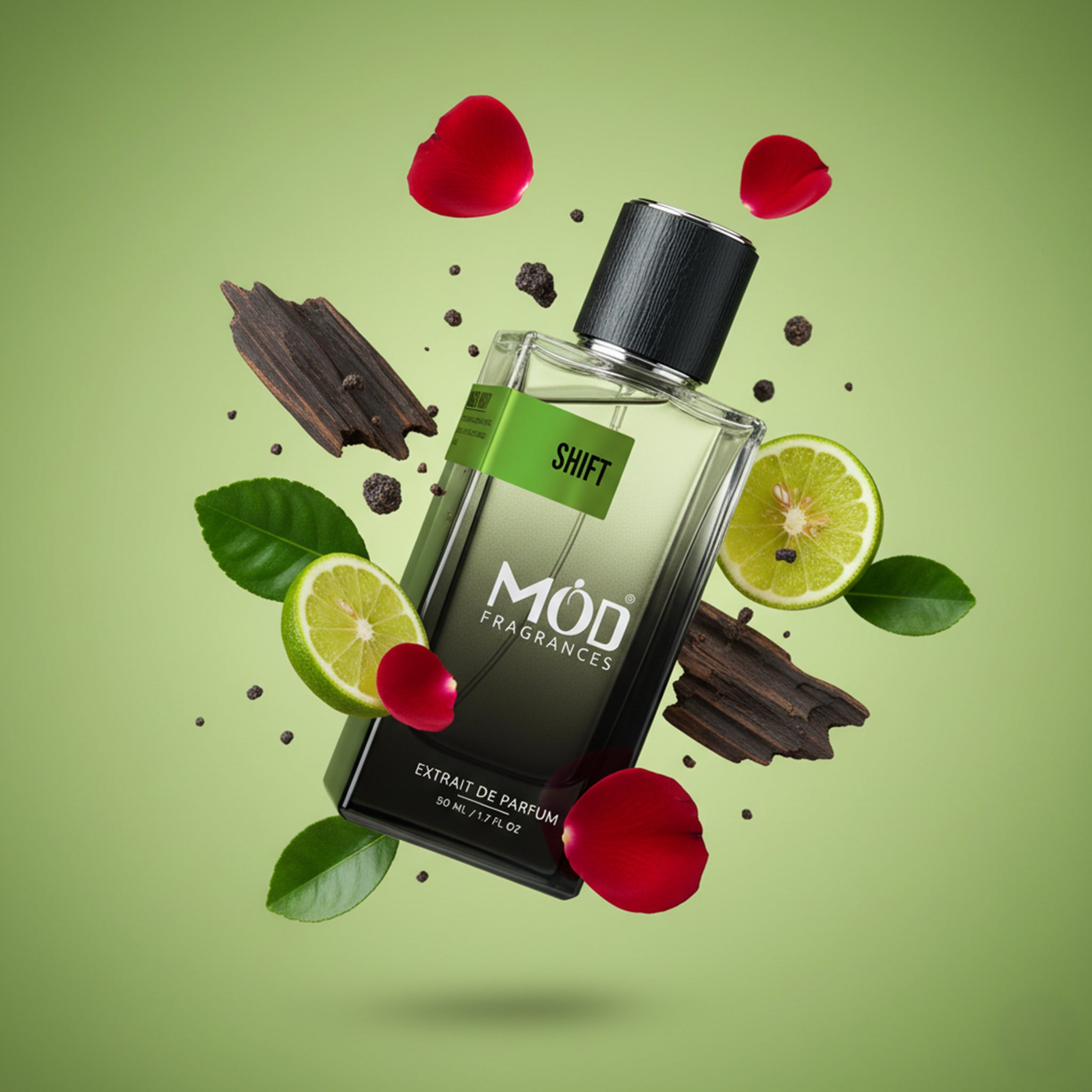 Möd Fragrances Shift perfume bottle with lime, rose petals, and chocolate on a green background